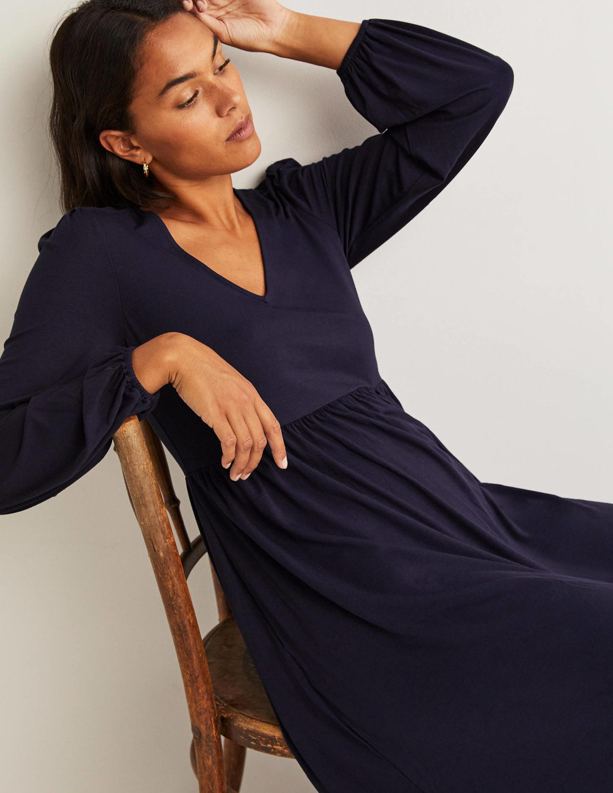 Long Sleeve Jersey Midi Dress-Navy-4