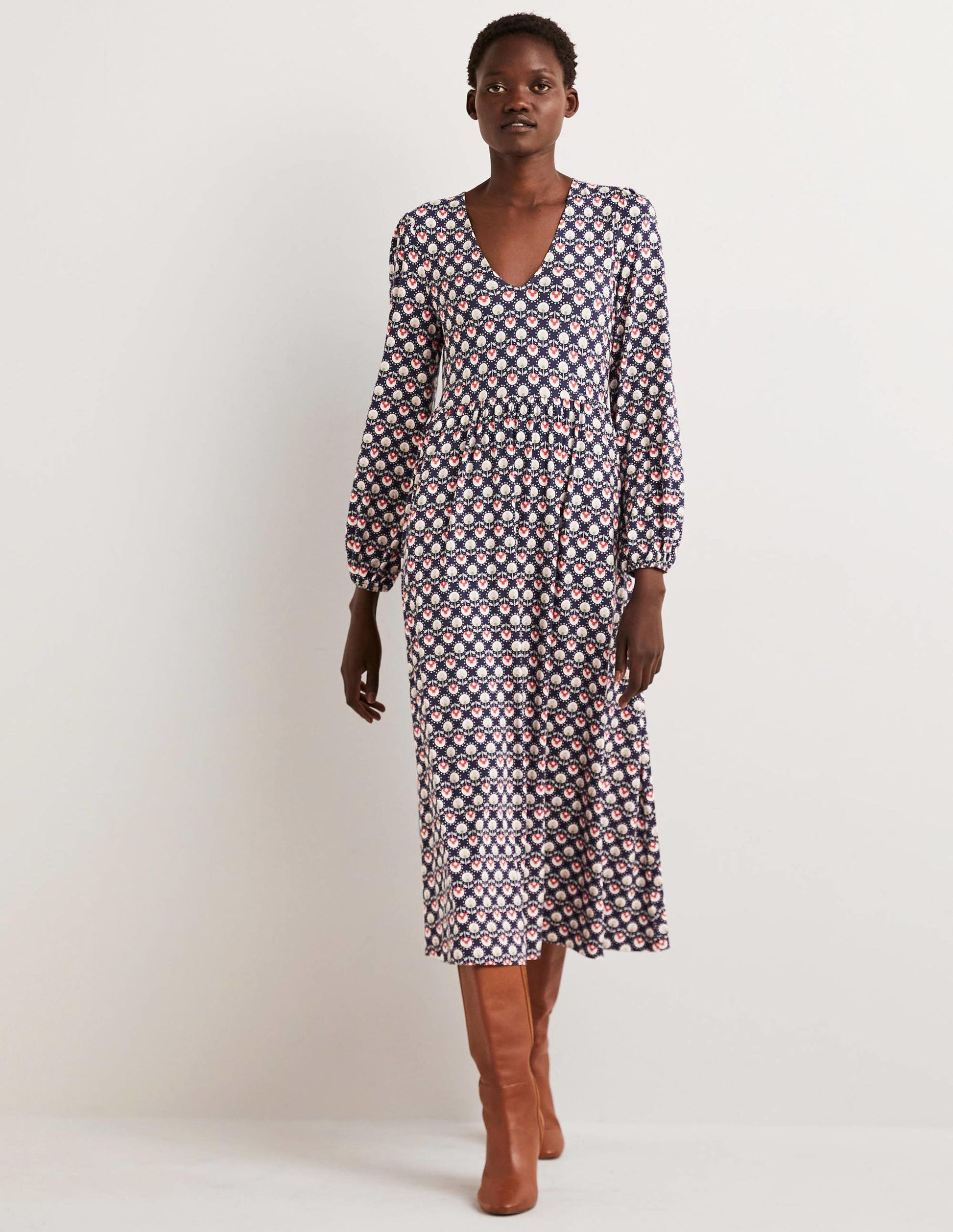 Long Sleeve Jersey Midi Dress-French Navy, Botanic Bud-1