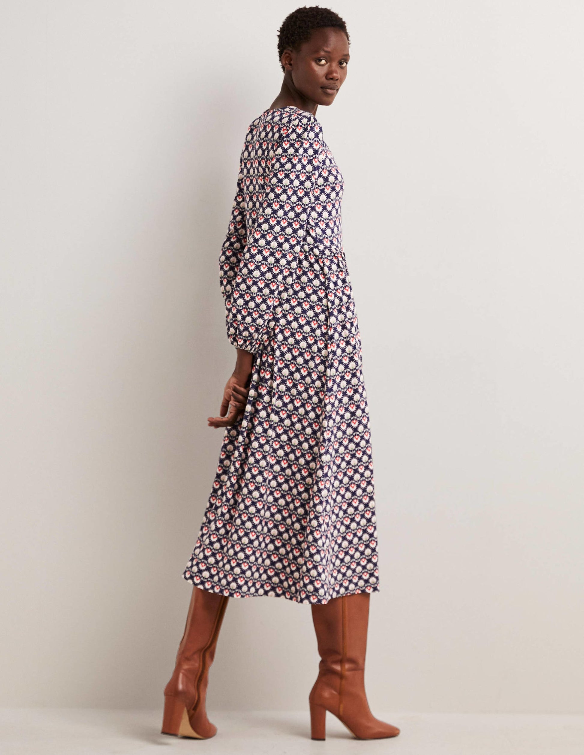 Long Sleeve Jersey Midi Dress-French Navy, Botanic Bud-3