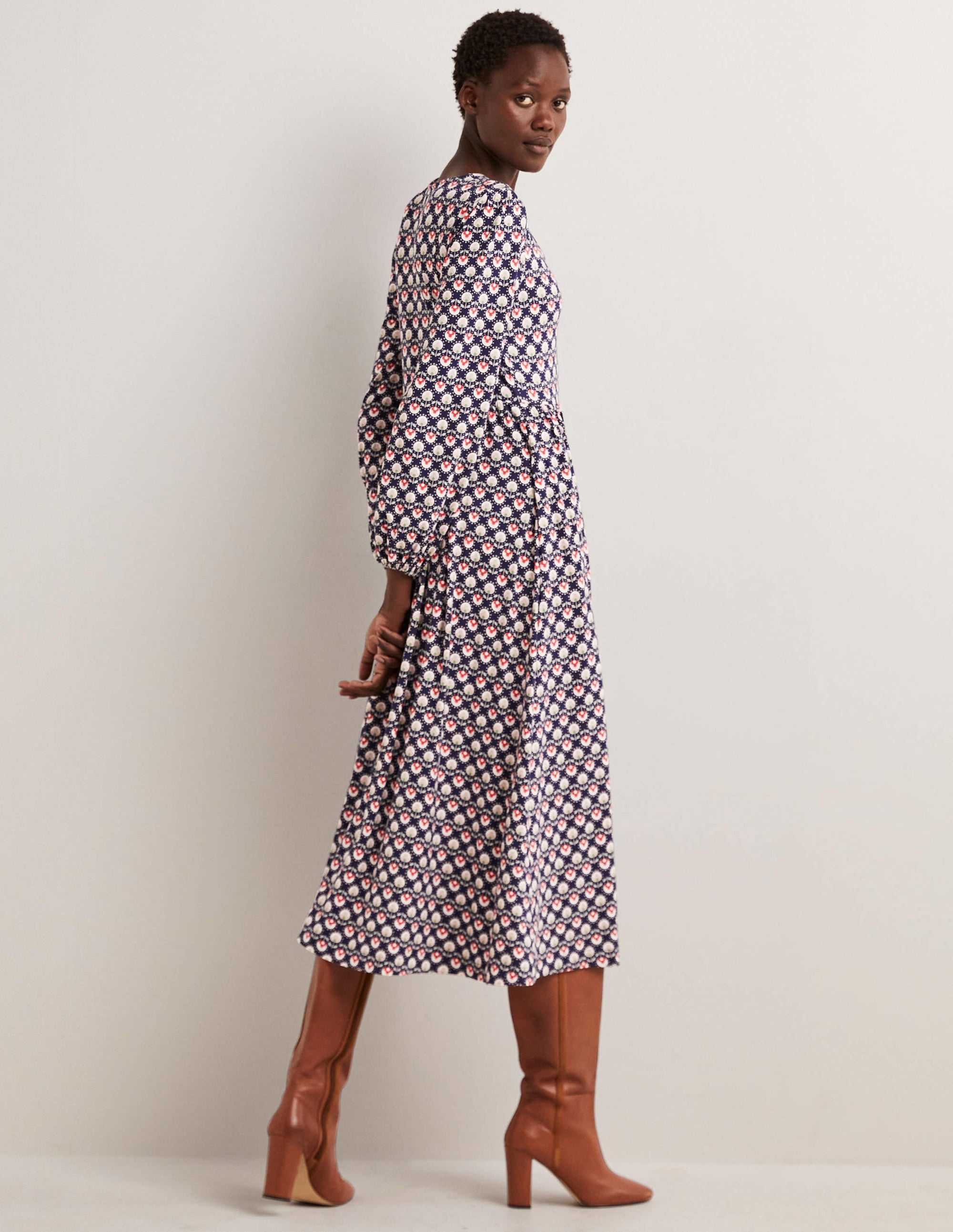 Long Sleeve Jersey Midi Dress-French Navy, Botanic Bud - Image 3