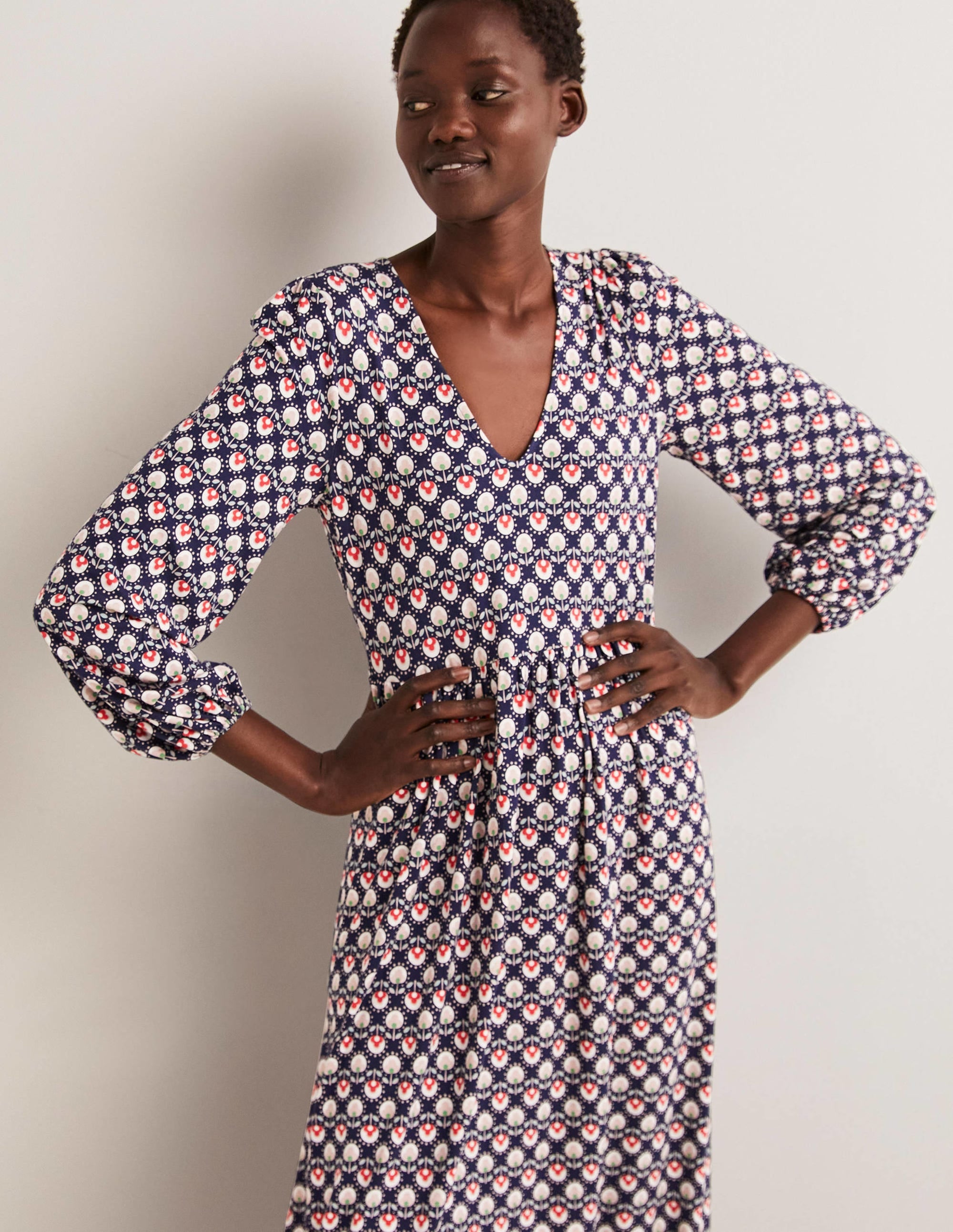 Long Sleeve Jersey Midi Dress-French Navy, Botanic Bud - Image 4