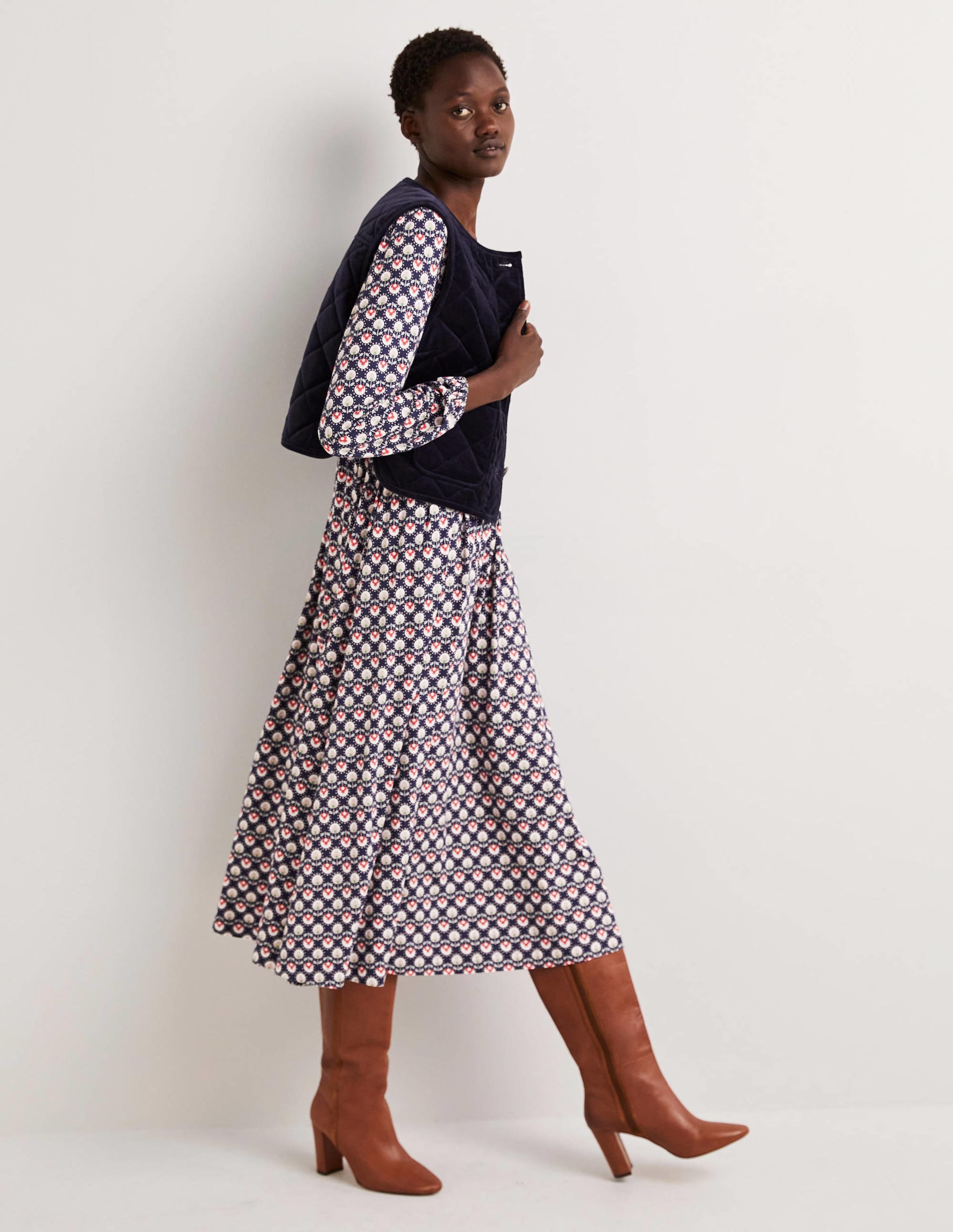 Long Sleeve Jersey Midi Dress-French Navy, Botanic Bud - Image 5