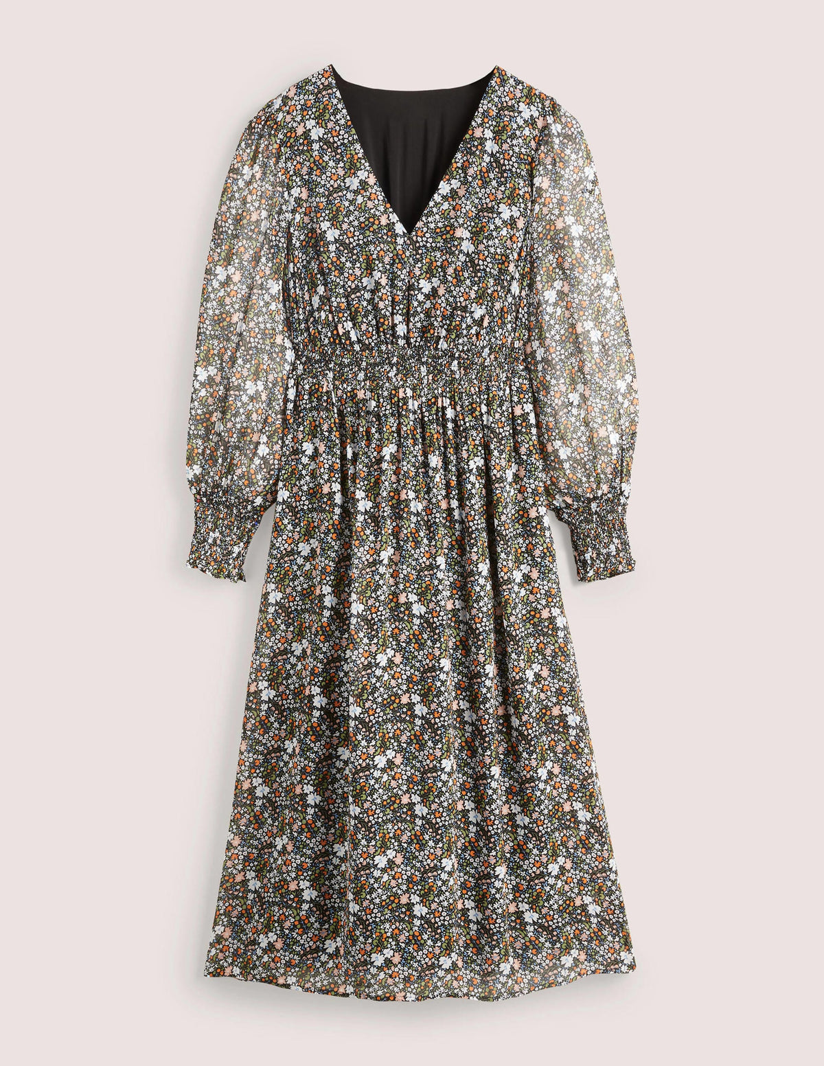 Smocked Waist Midi Dress-Black, Abstract Ditsy - Image 6