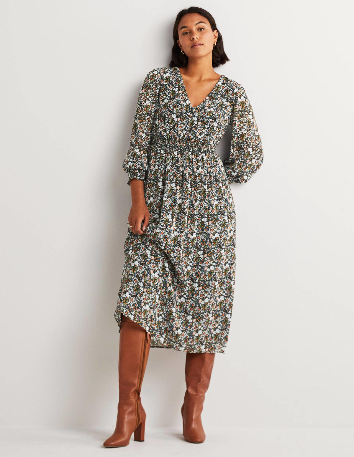 Smocked Waist Midi Dress-Black, Abstract Ditsy - Image 1