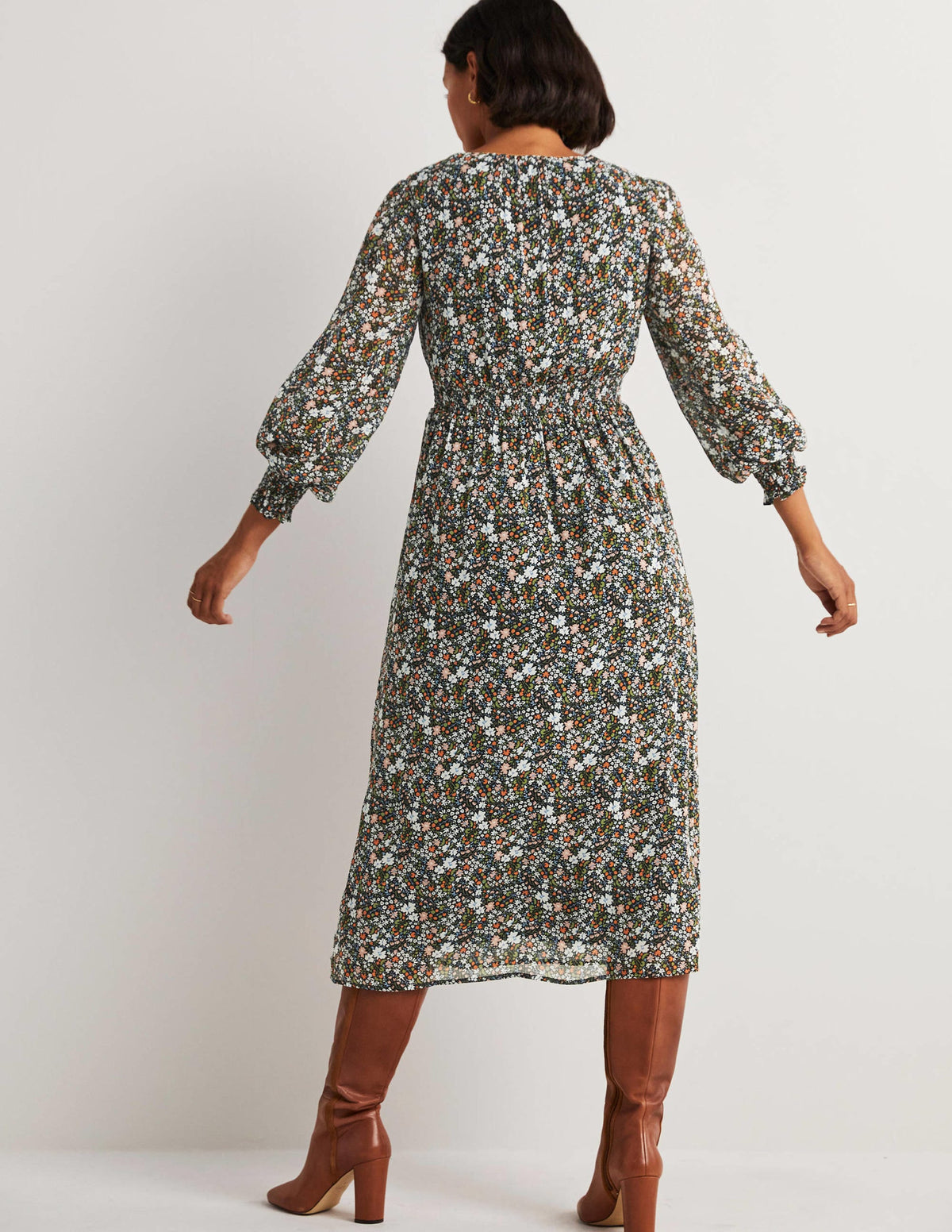 Smocked Waist Midi Dress-Black, Abstract Ditsy-3