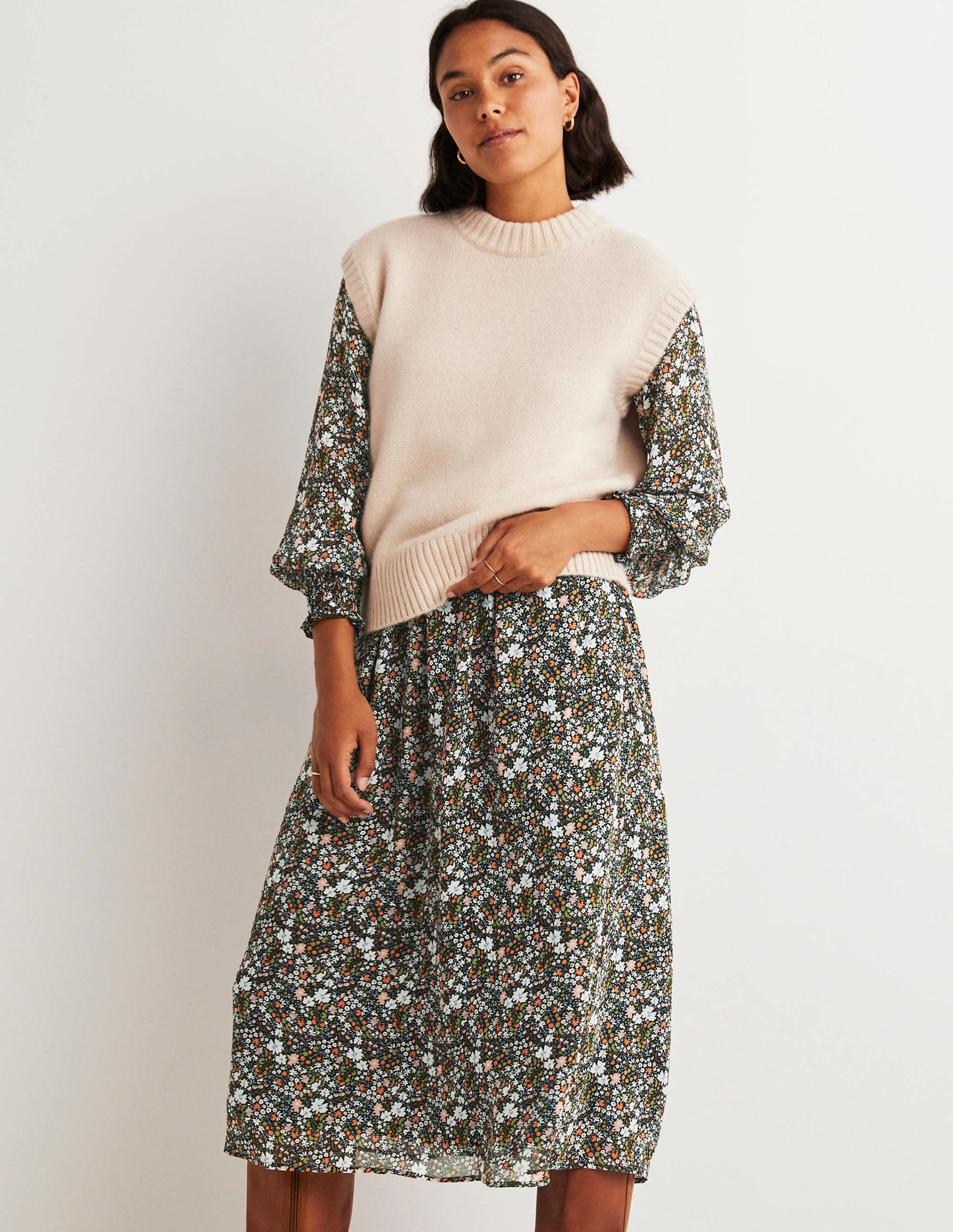Smocked Waist Midi Dress-Black, Abstract Ditsy-4