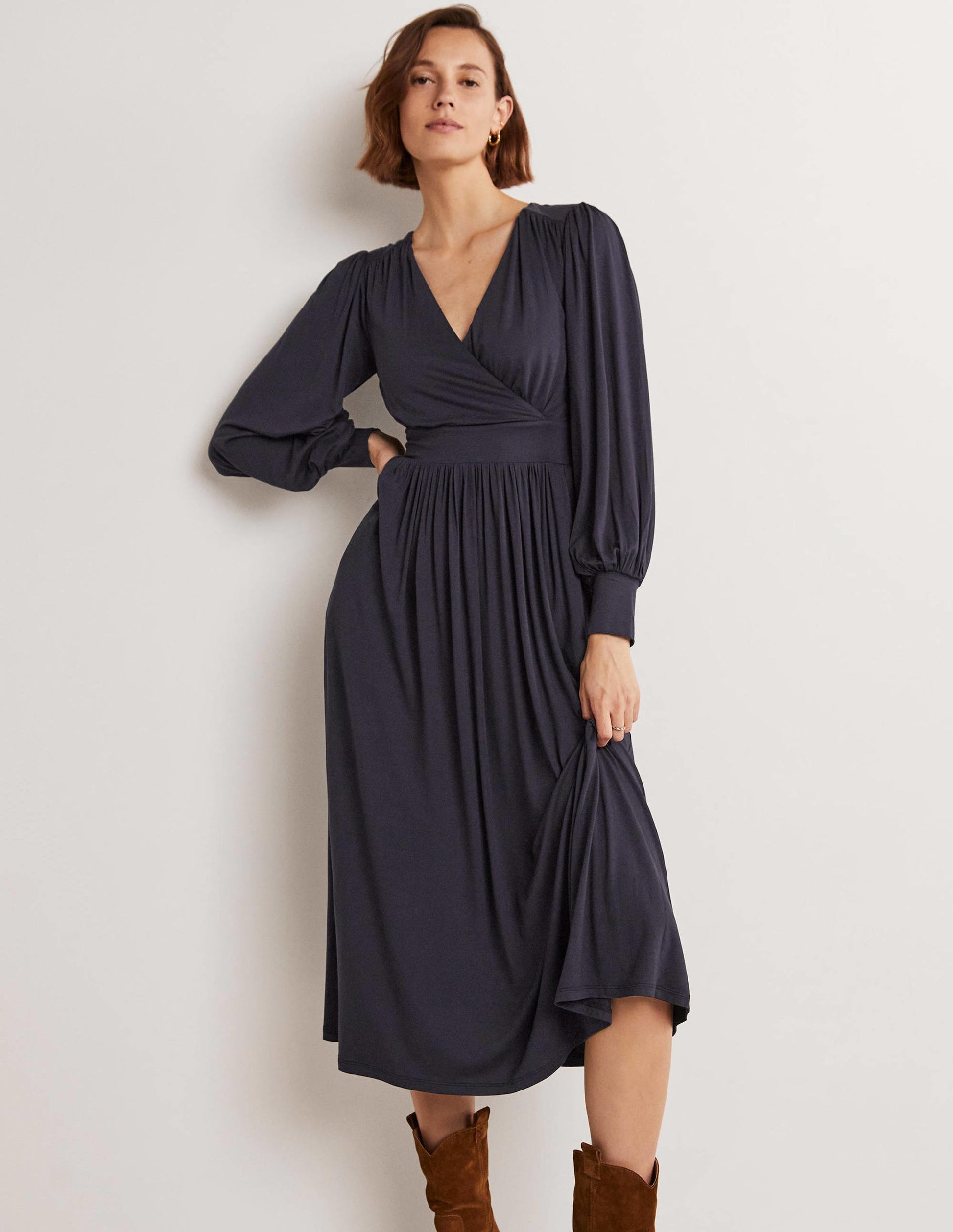 Fixed Wrap Jersey Midi Dress-Navy-6