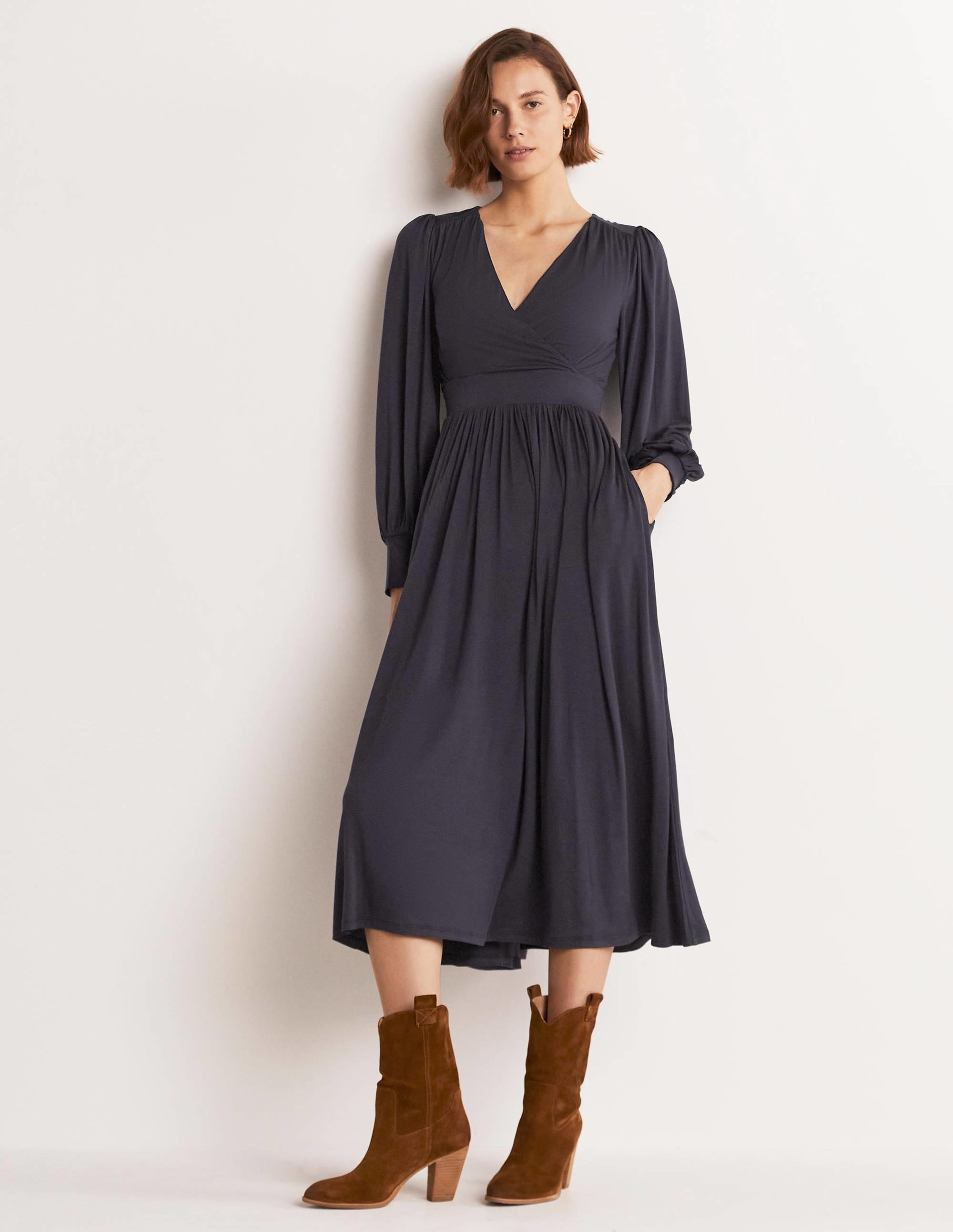 Fixed Wrap Jersey Midi Dress-Navy - Image 9