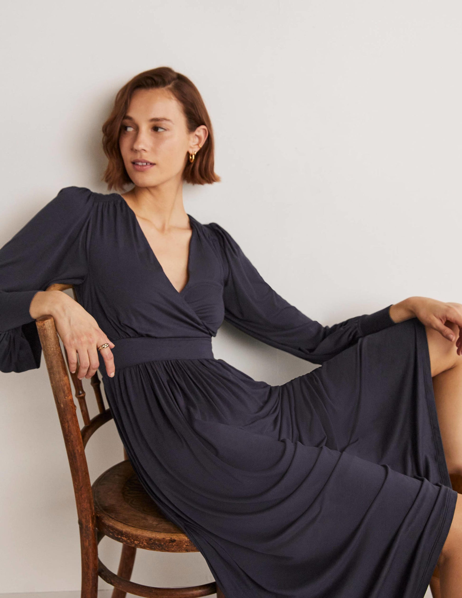 Fixed Wrap Jersey Midi Dress-Navy-10