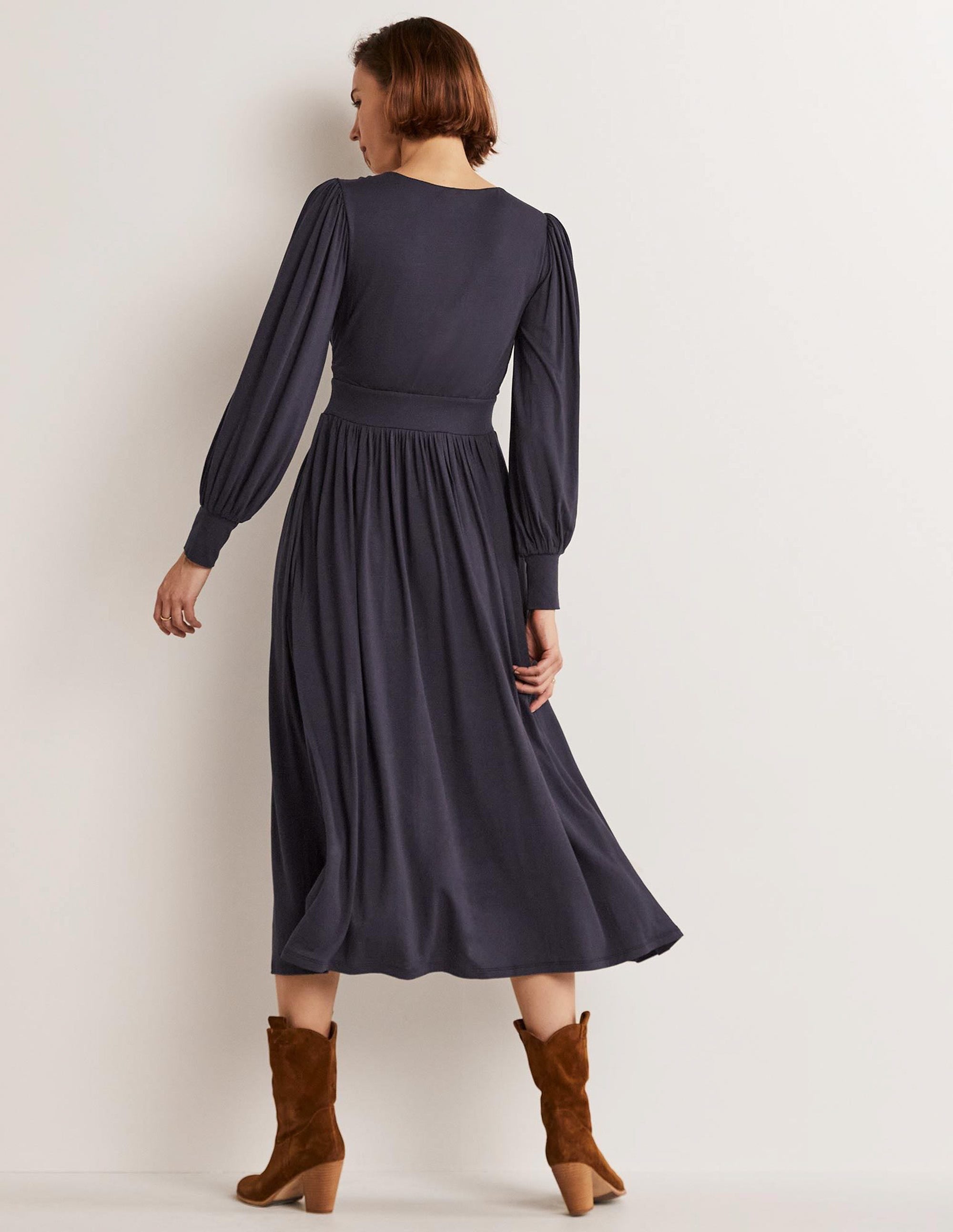 Fixed Wrap Jersey Midi Dress-Navy - Image 3
