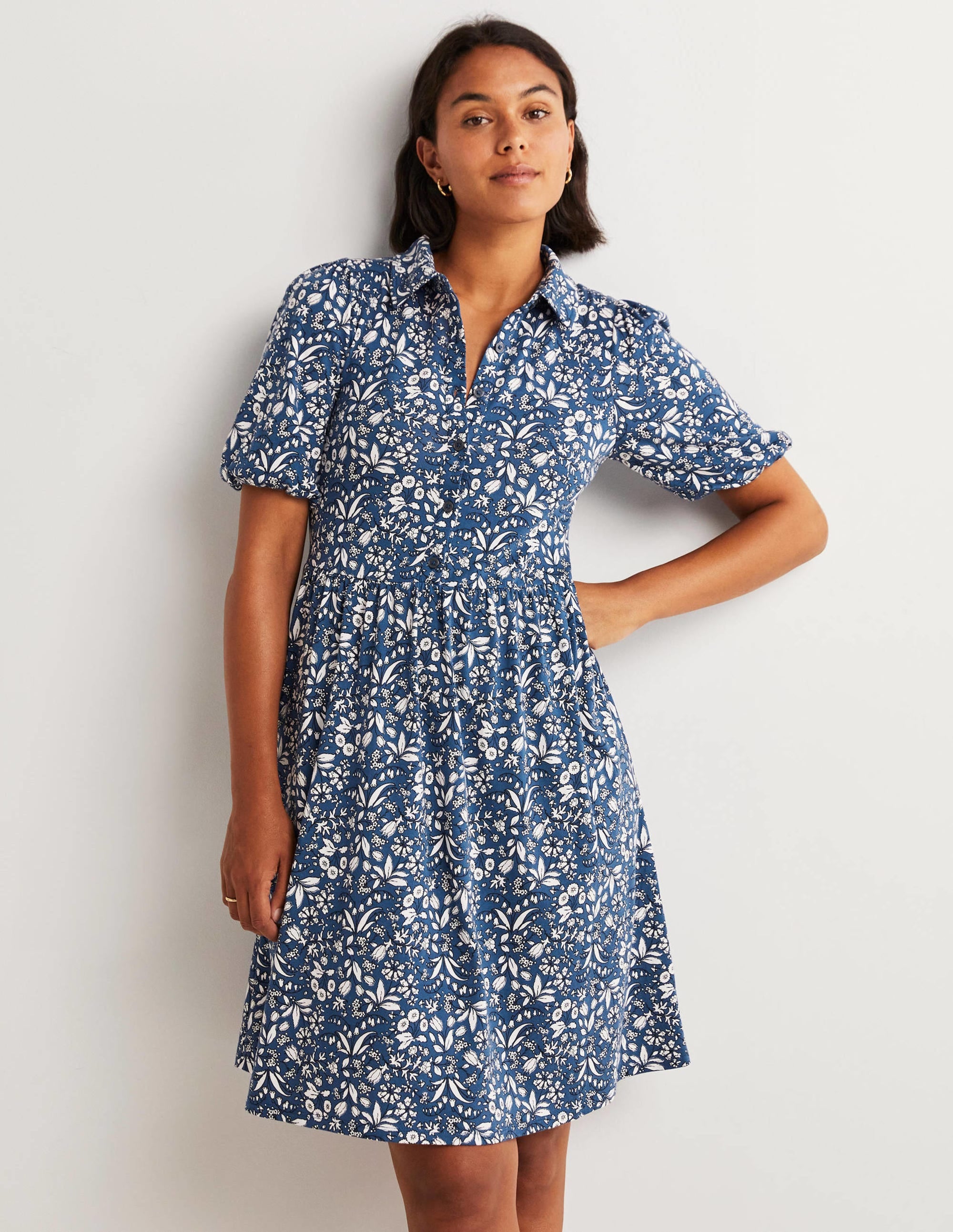 Mini Jersey Shirt Dress-Sea Blue, Wildflower - Image 1