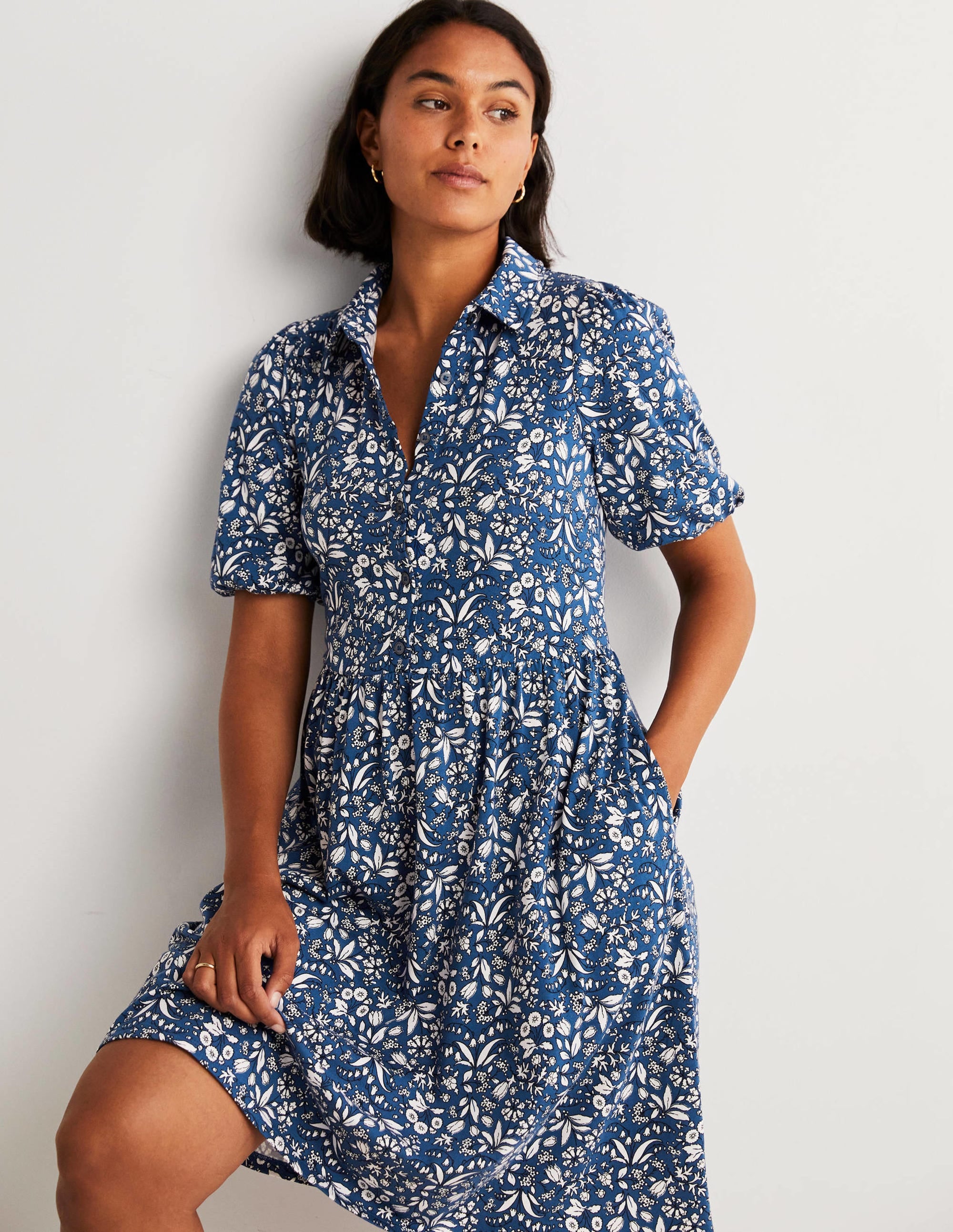 Mini Jersey Shirt Dress-Sea Blue, Wildflower - Image 4