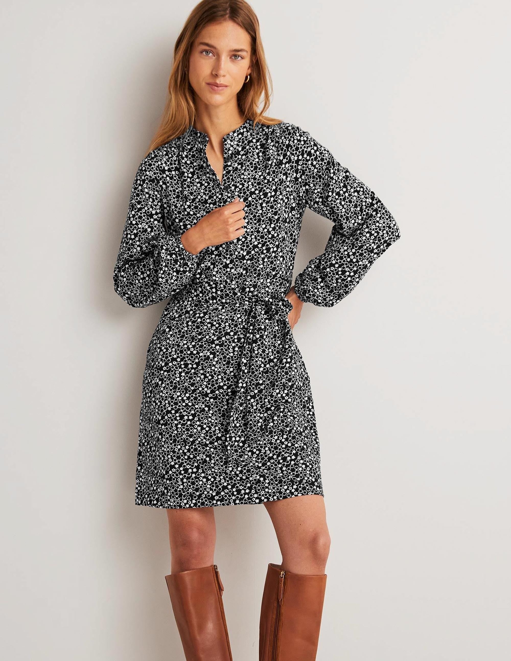 Belted Jersey Shirt Dress-Black, Floral Pebble - Image 6