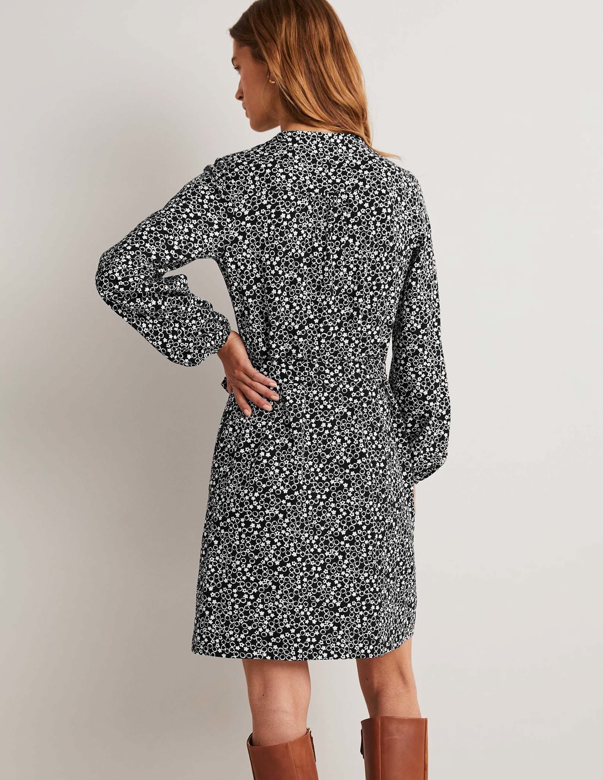 Belted Jersey Shirt Dress-Black, Floral Pebble - Image 8