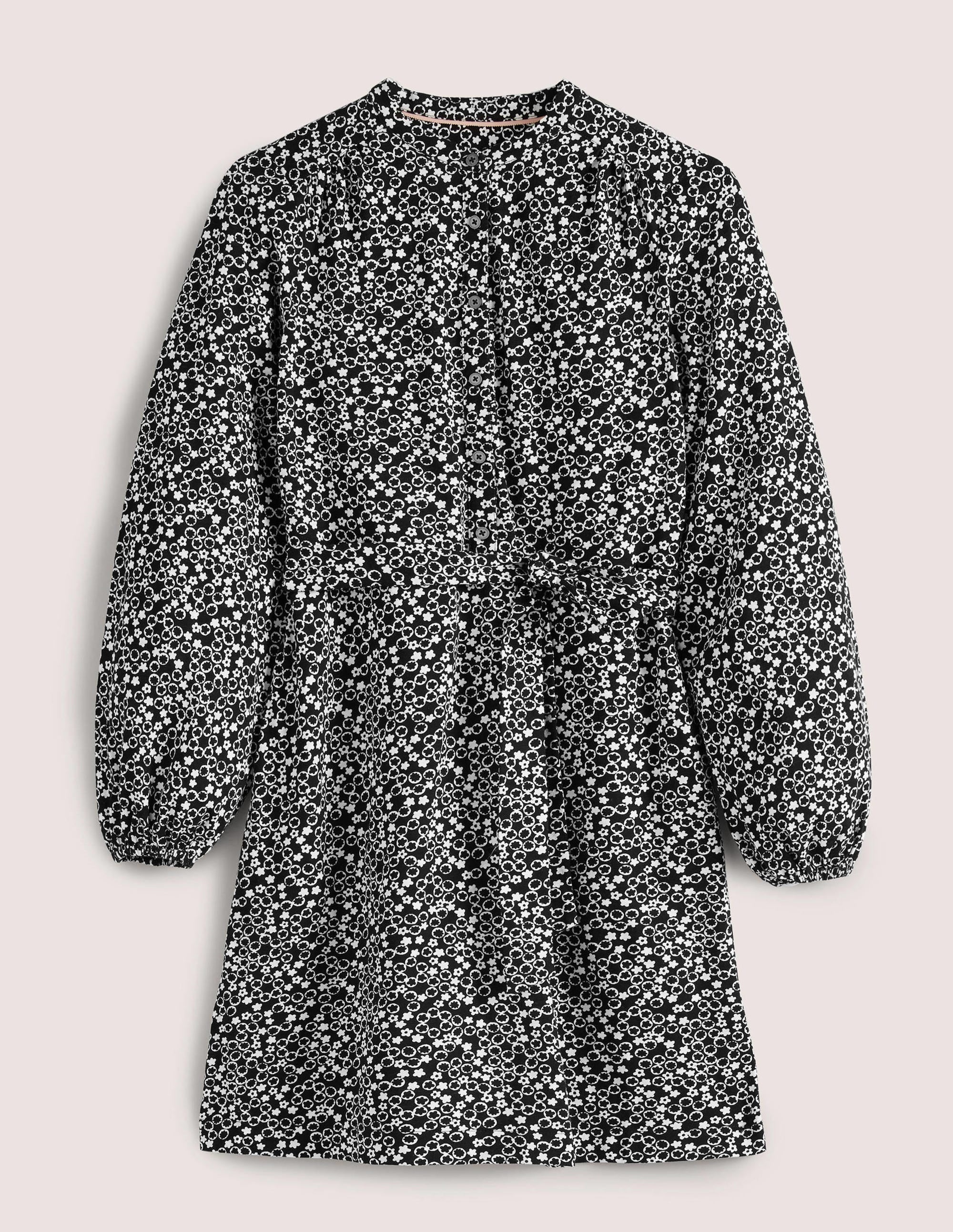 Belted Jersey Shirt Dress-Black, Floral Pebble - Image 11