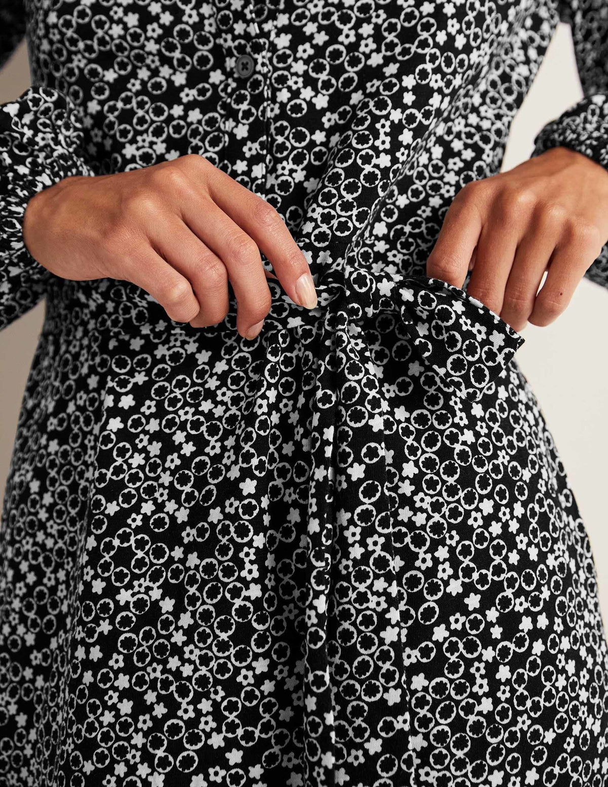 Belted Jersey Shirt Dress-Black, Floral Pebble - Image 2