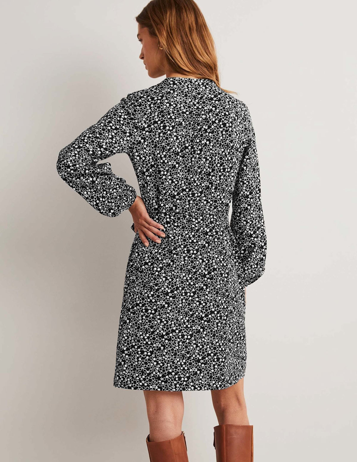 Belted Jersey Shirt Dress-Black, Floral Pebble - Image 3