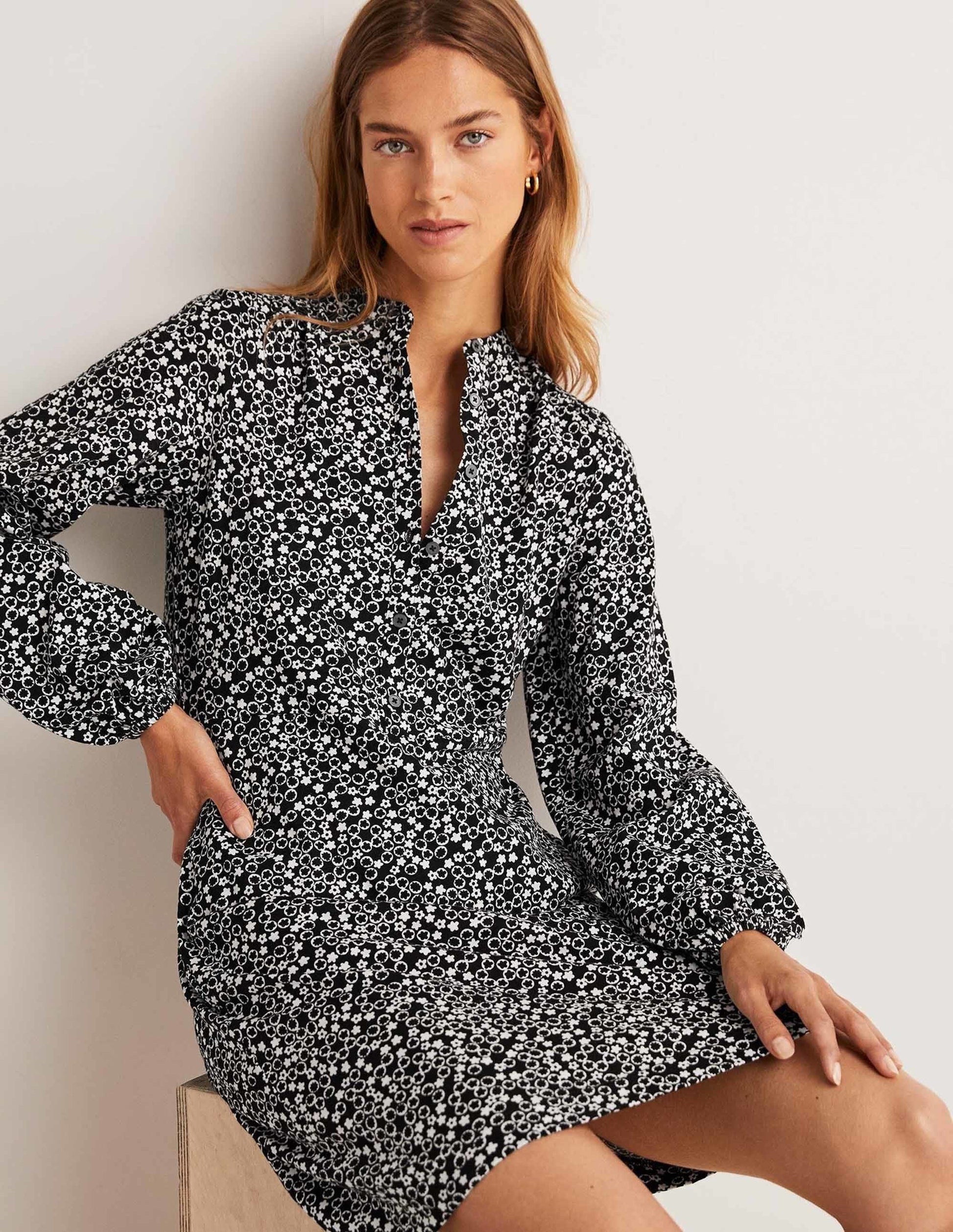 Belted Jersey Shirt Dress-Black, Floral Pebble-4