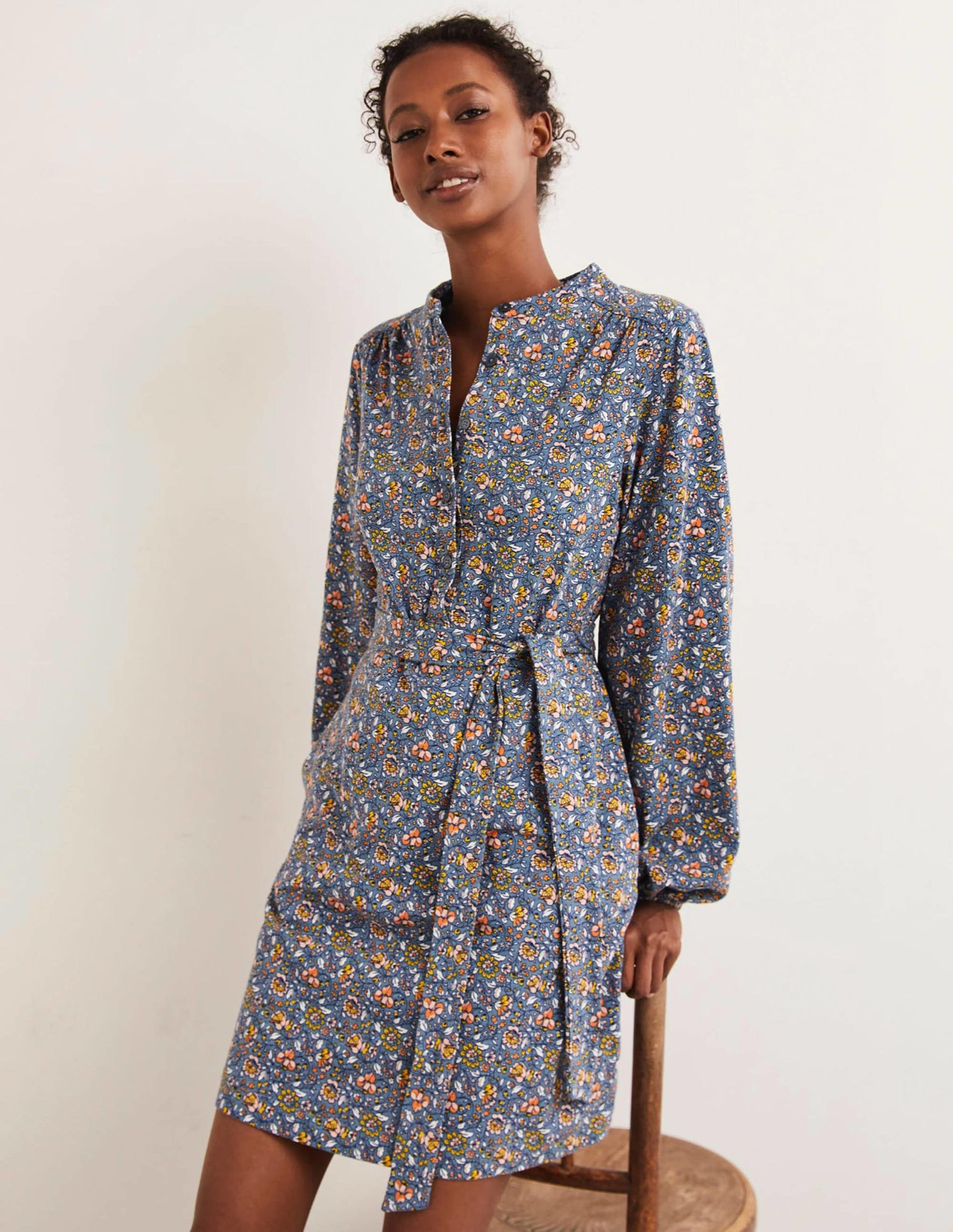 Belted Jersey Shirt Dress-Mid Blue, Botanic Meadow-1