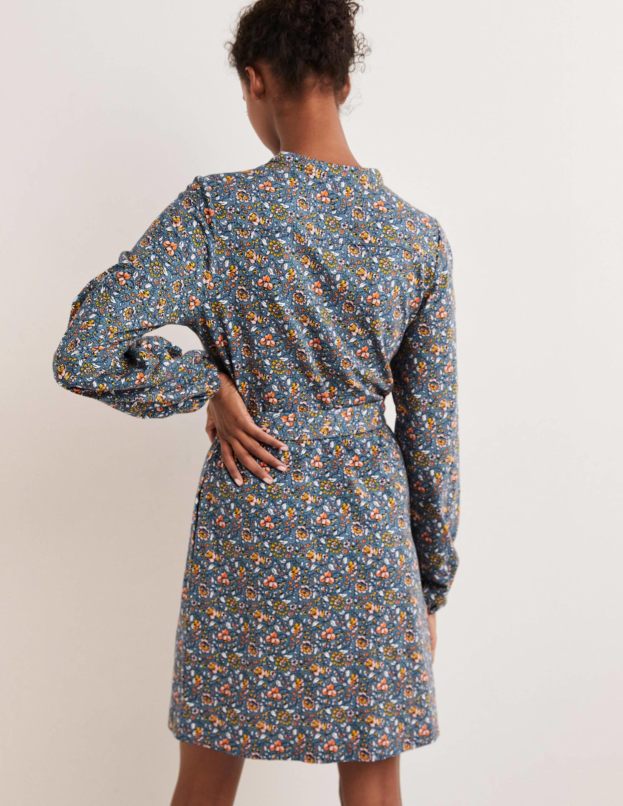 Belted Jersey Shirt Dress-Mid Blue, Botanic Meadow - Image 3