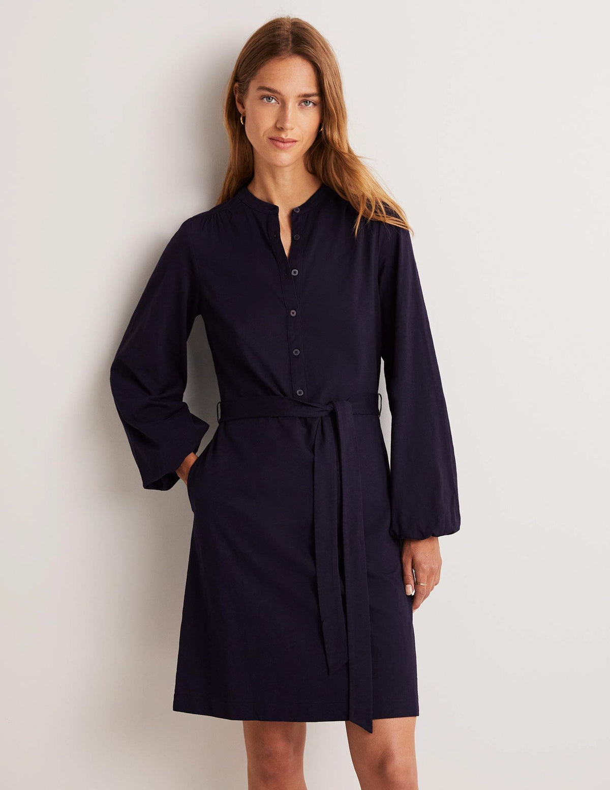 Belted Jersey Shirt Dress-Navy - Image 5