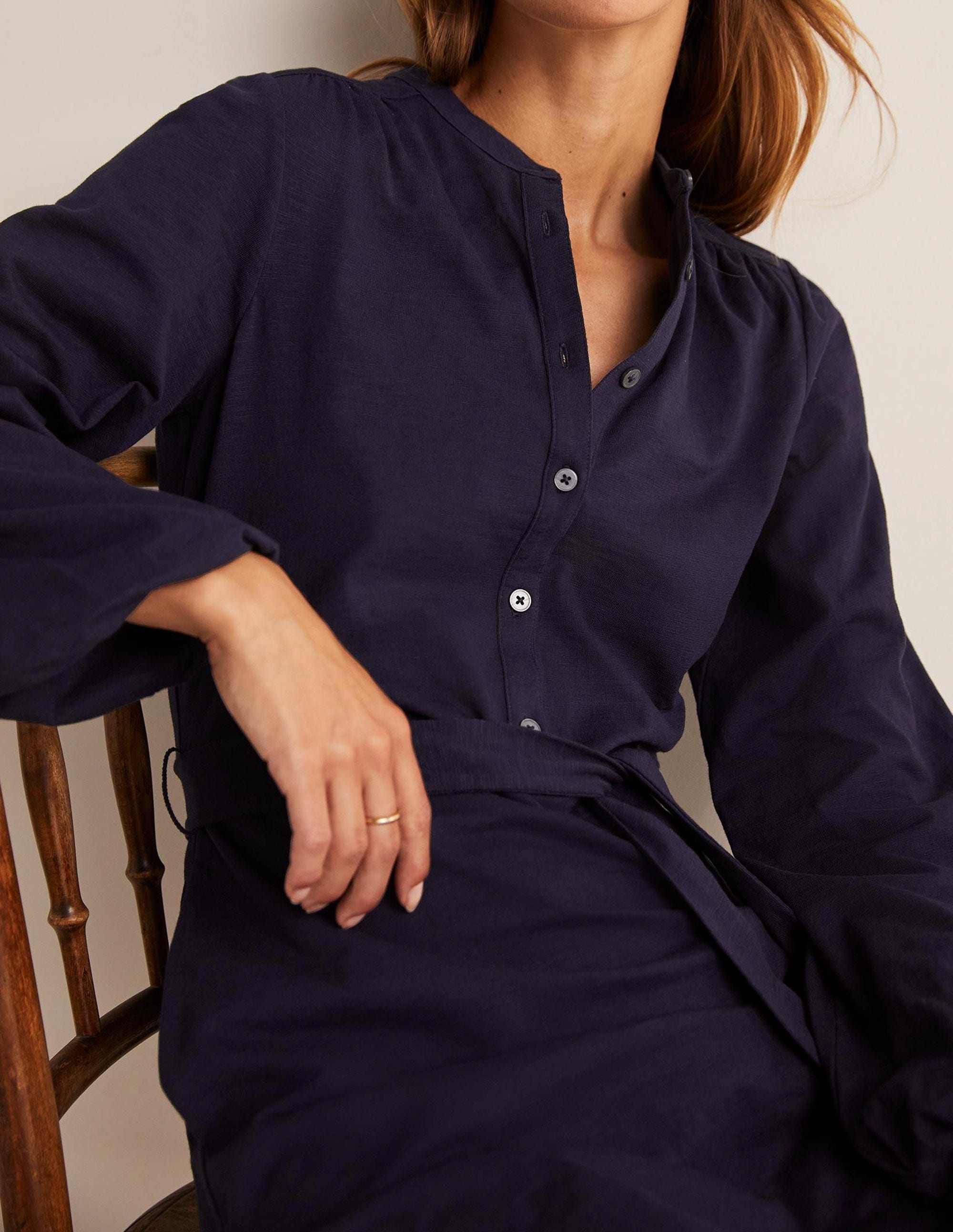 Belted Jersey Shirt Dress-Navy - Image 2