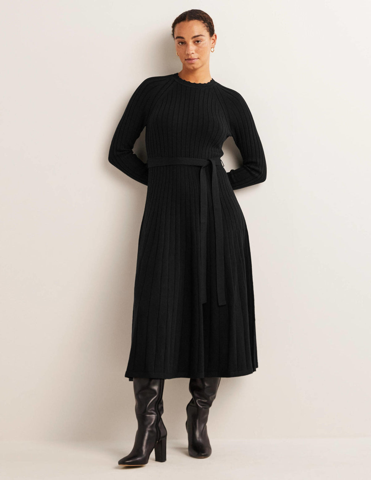 Rib Detail Knitted Midi Dress-Black - Image 1