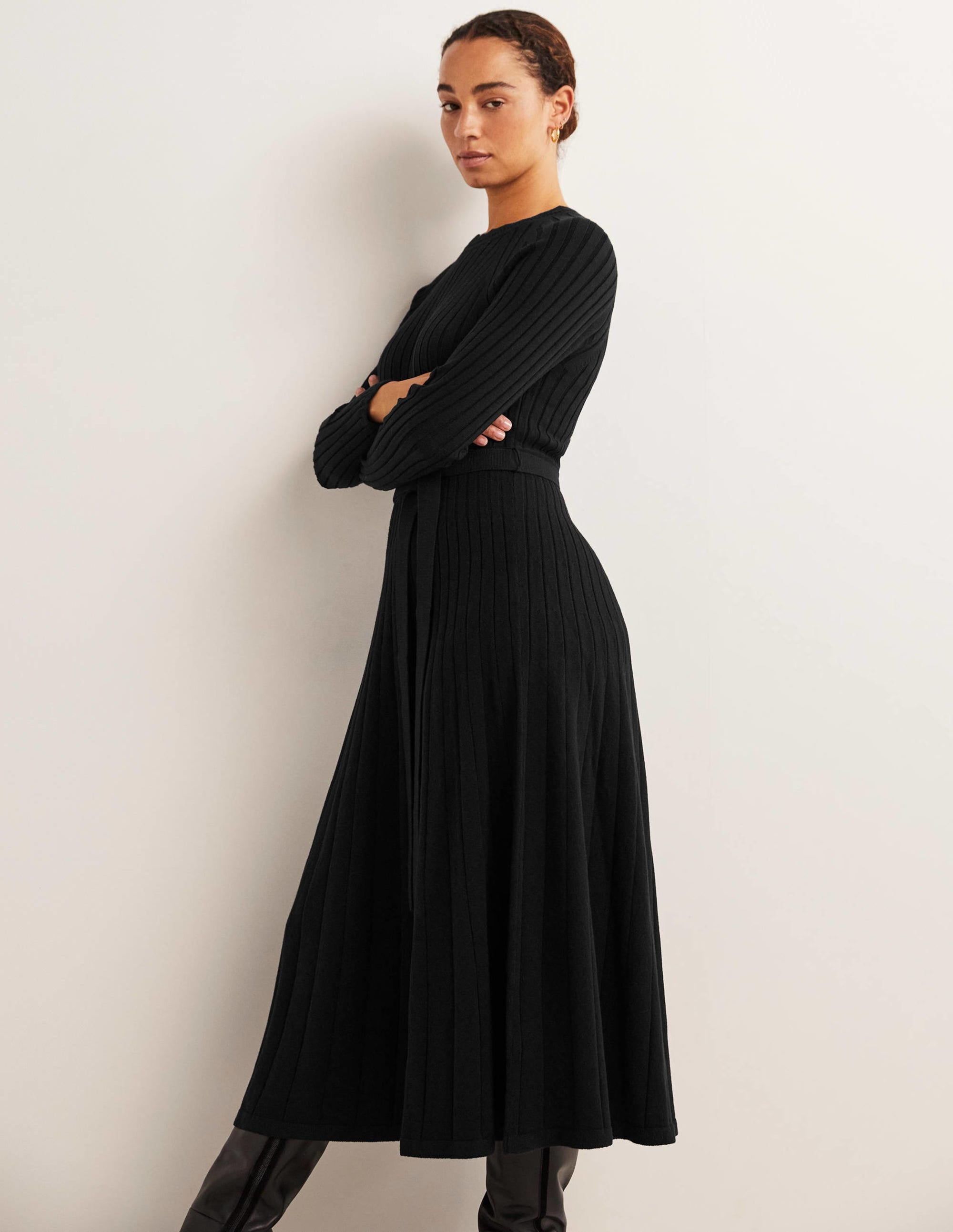 Rib Detail Knitted Midi Dress-Black - Image 4