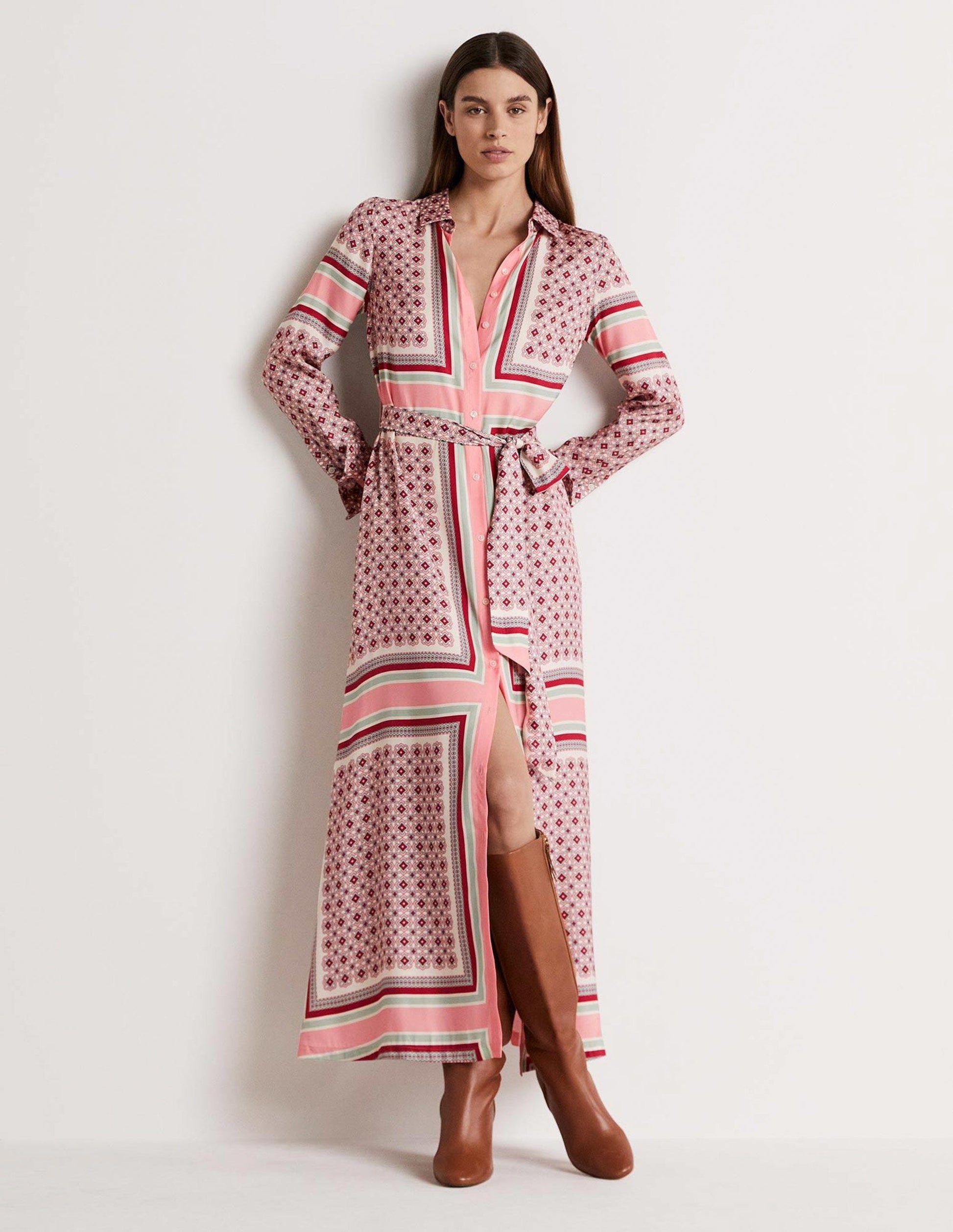 Claudia Maxi Shirt Dress-Almond Pink, Square Geo-1