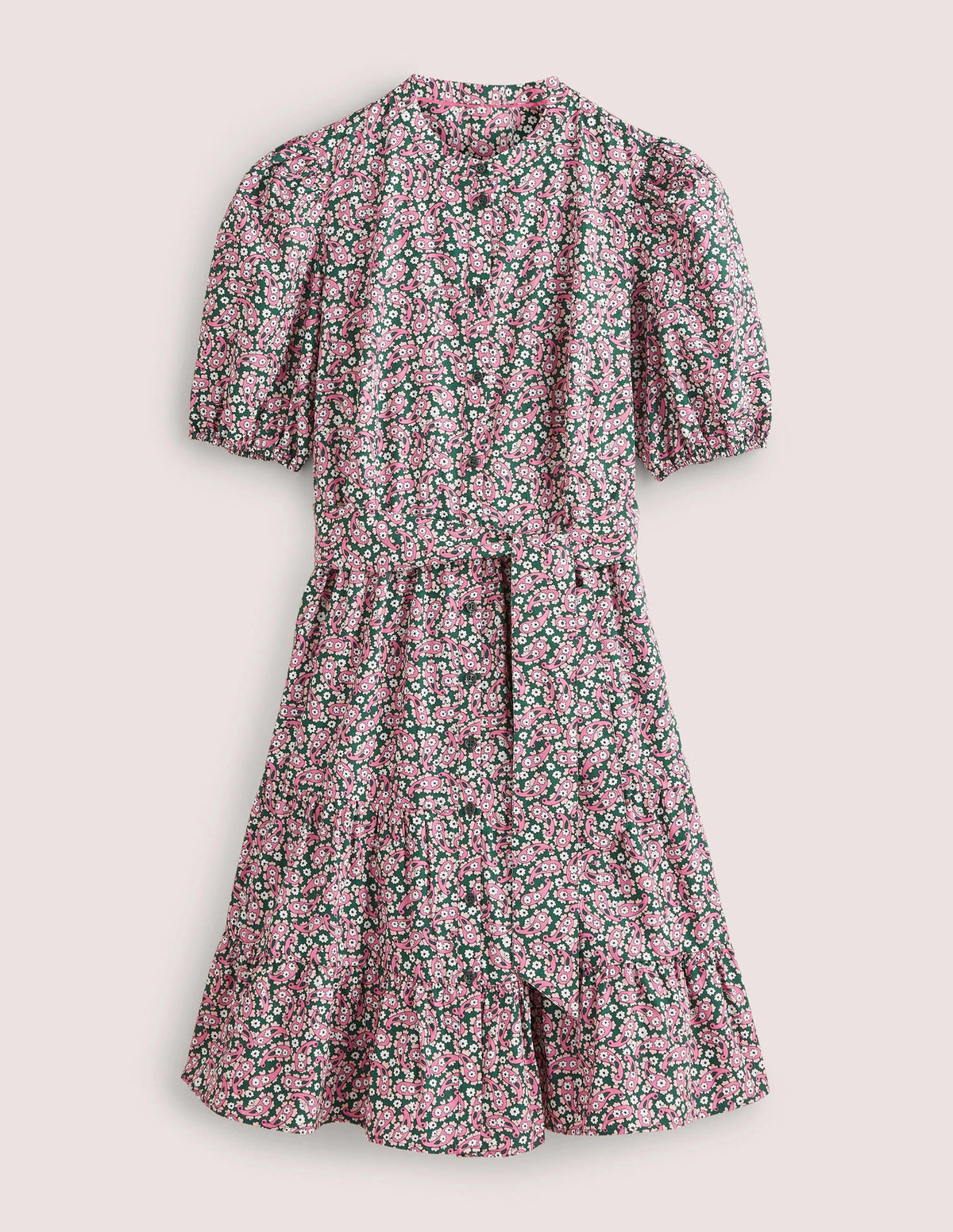 Tiered Shirt Dress-Trekking Green, Petal Paisley-7