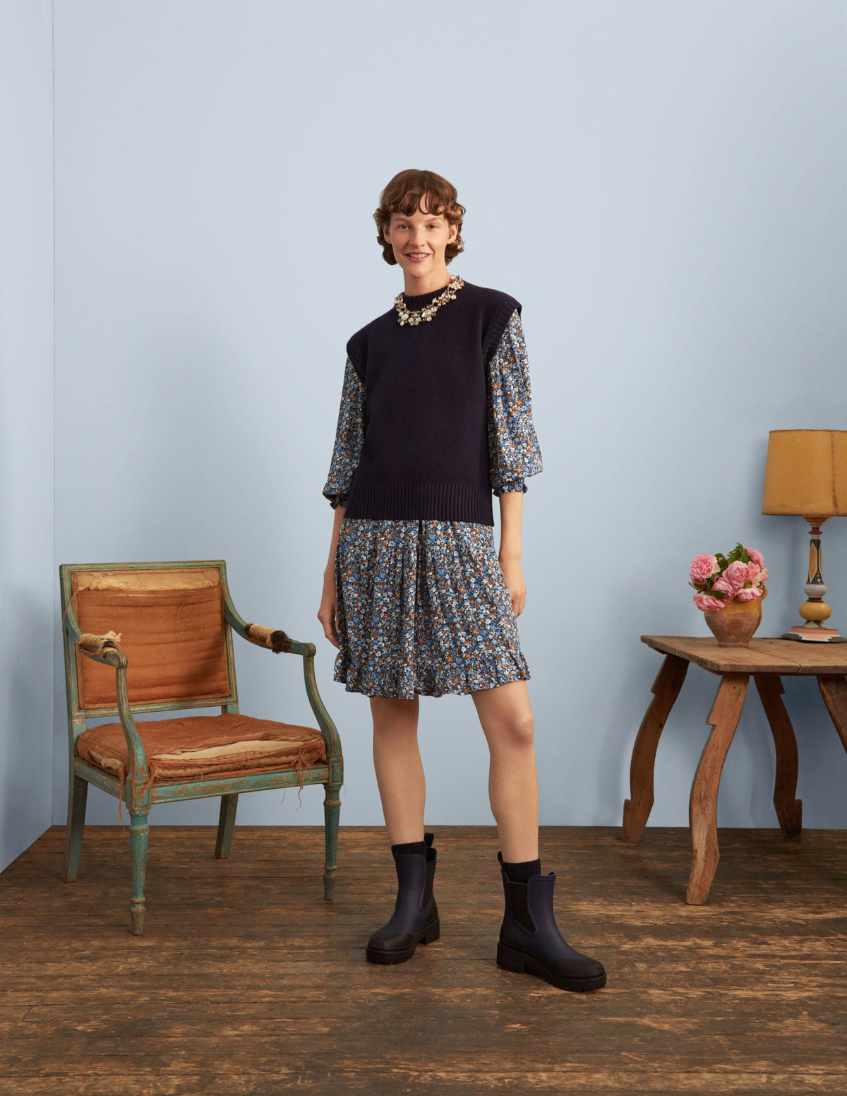 Smocked Yoke Tiered Dress-Riviera Blue, Floret Meadow - Image 6