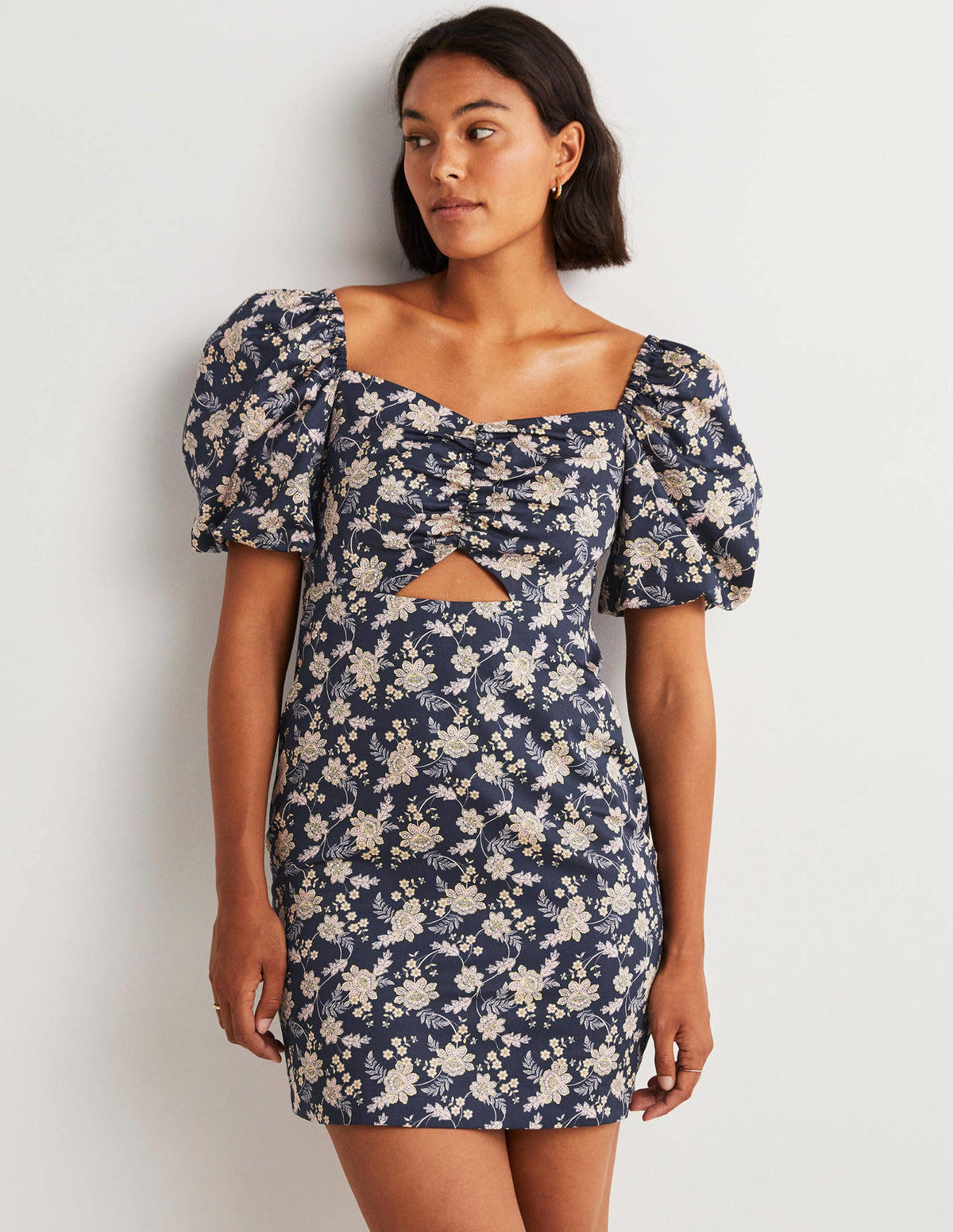 Cut Out Detail Mini Dress-Navy, Chintz Bloom-1