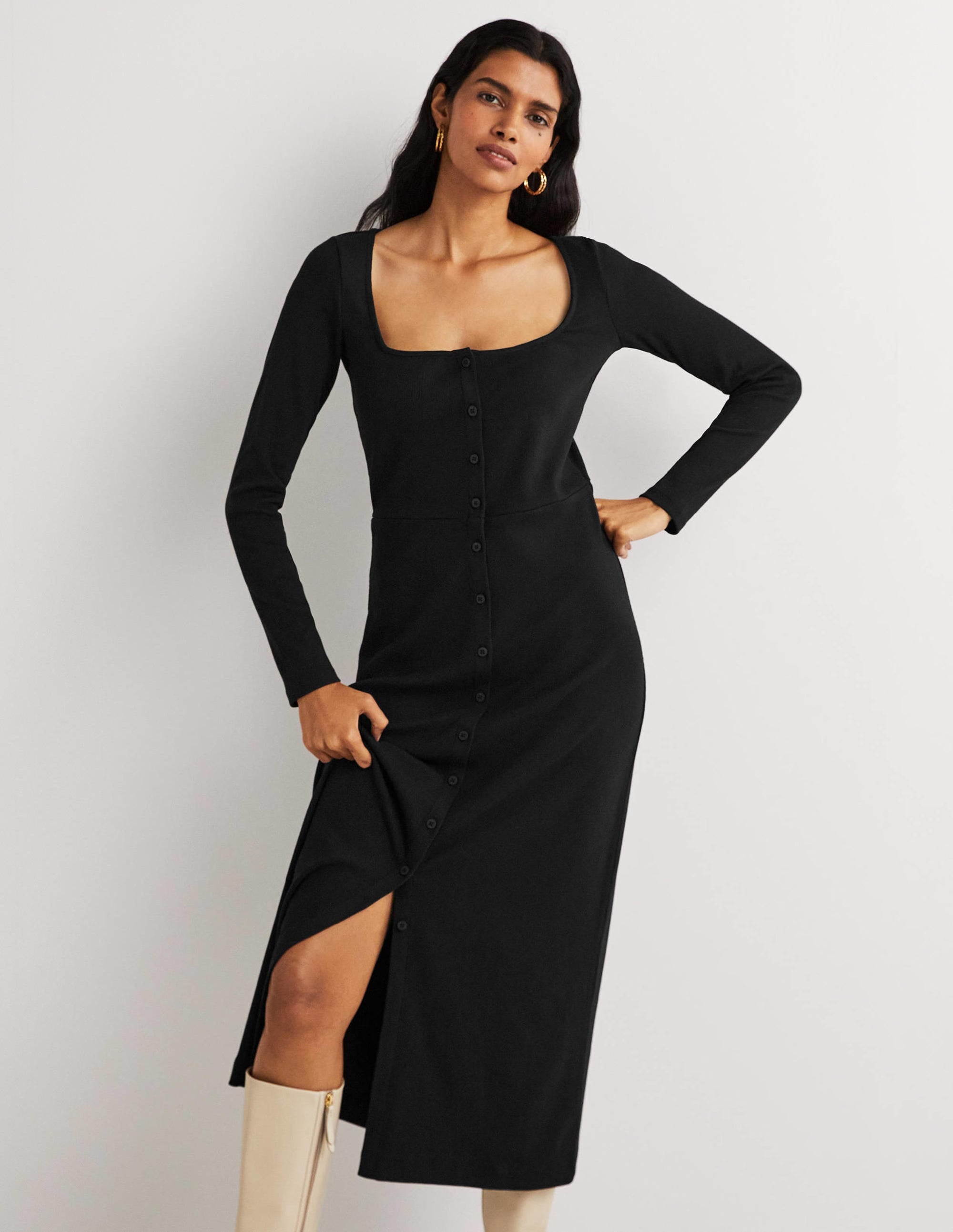 Jersey Rib Midi Dress-Black - Image 4