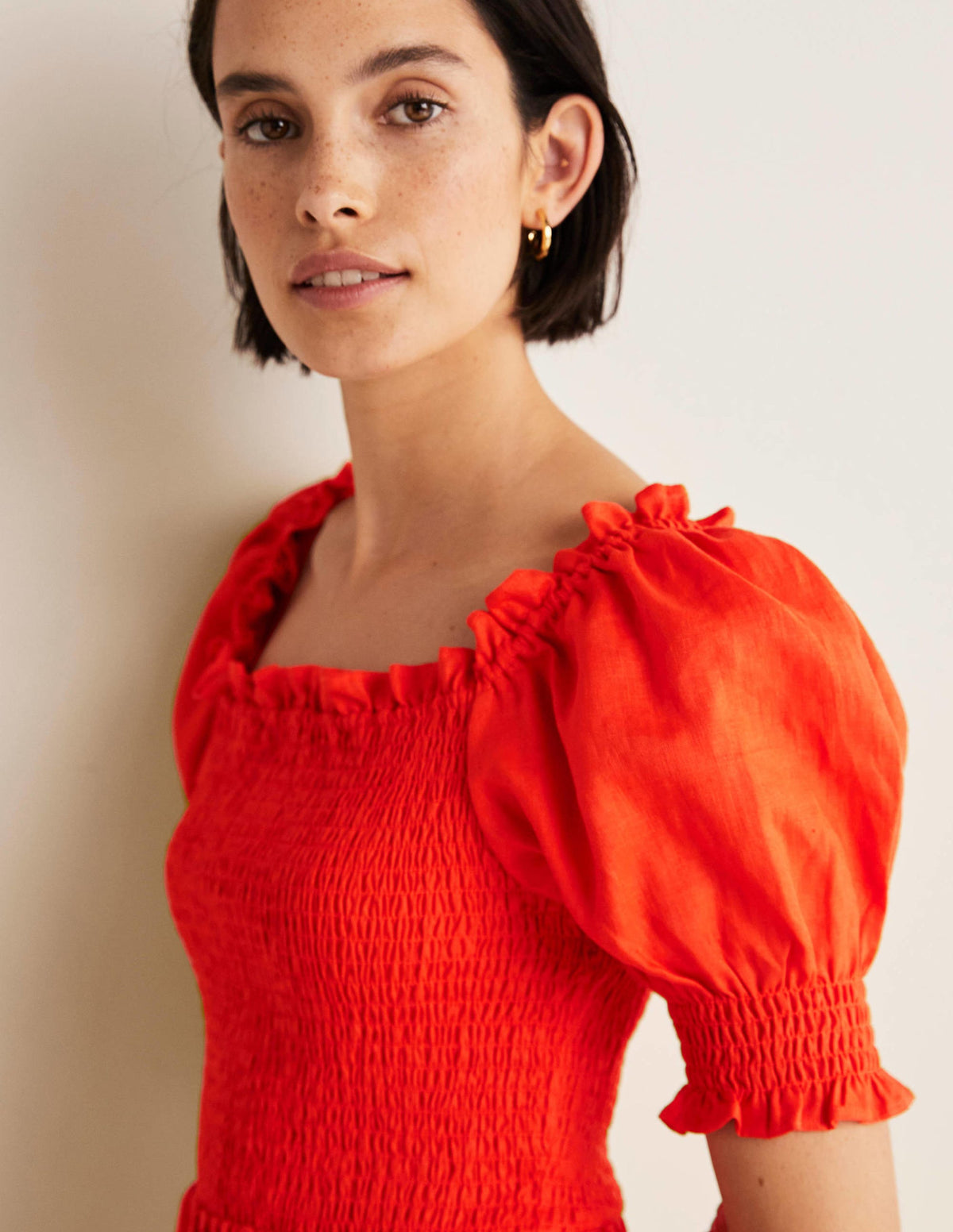 Smocked Bodice Mini Dress-Bright Papaya - Image 6