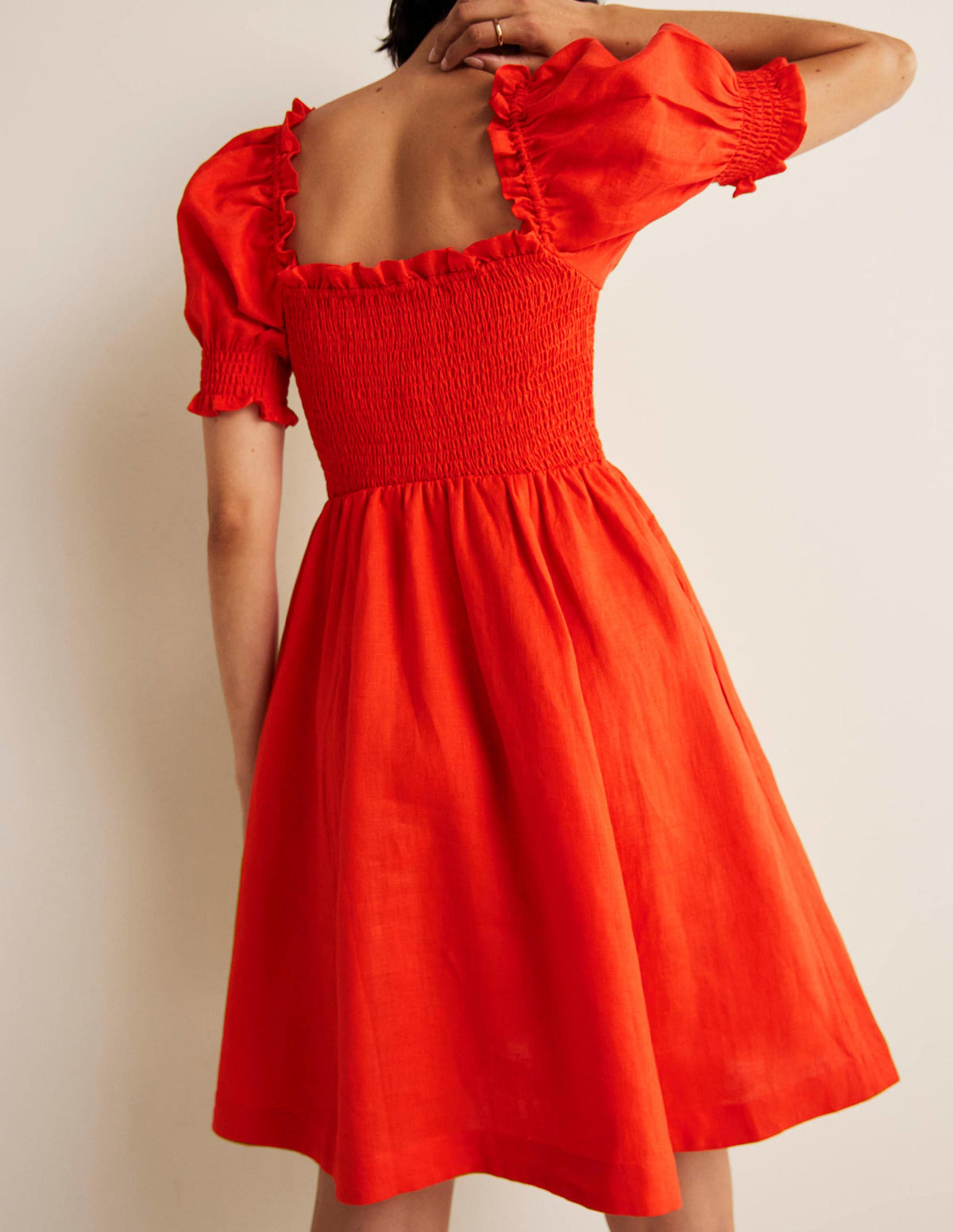 Smocked Bodice Mini Dress-Bright Papaya-7
