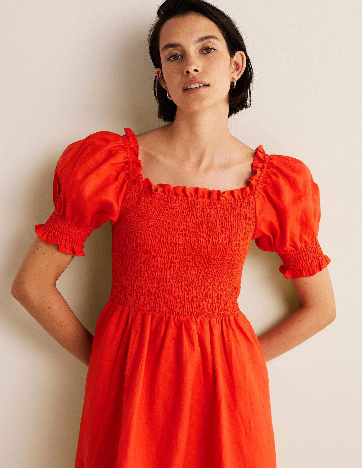 Smocked Bodice Mini Dress-Bright Papaya - Image 8