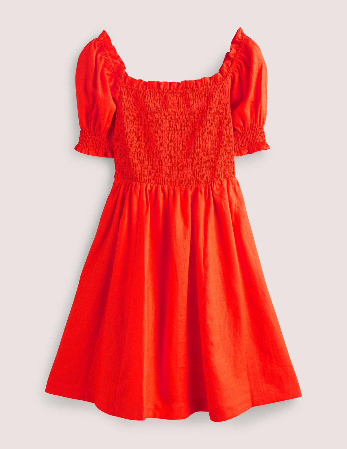 Smocked Bodice Mini Dress-Bright Papaya-9