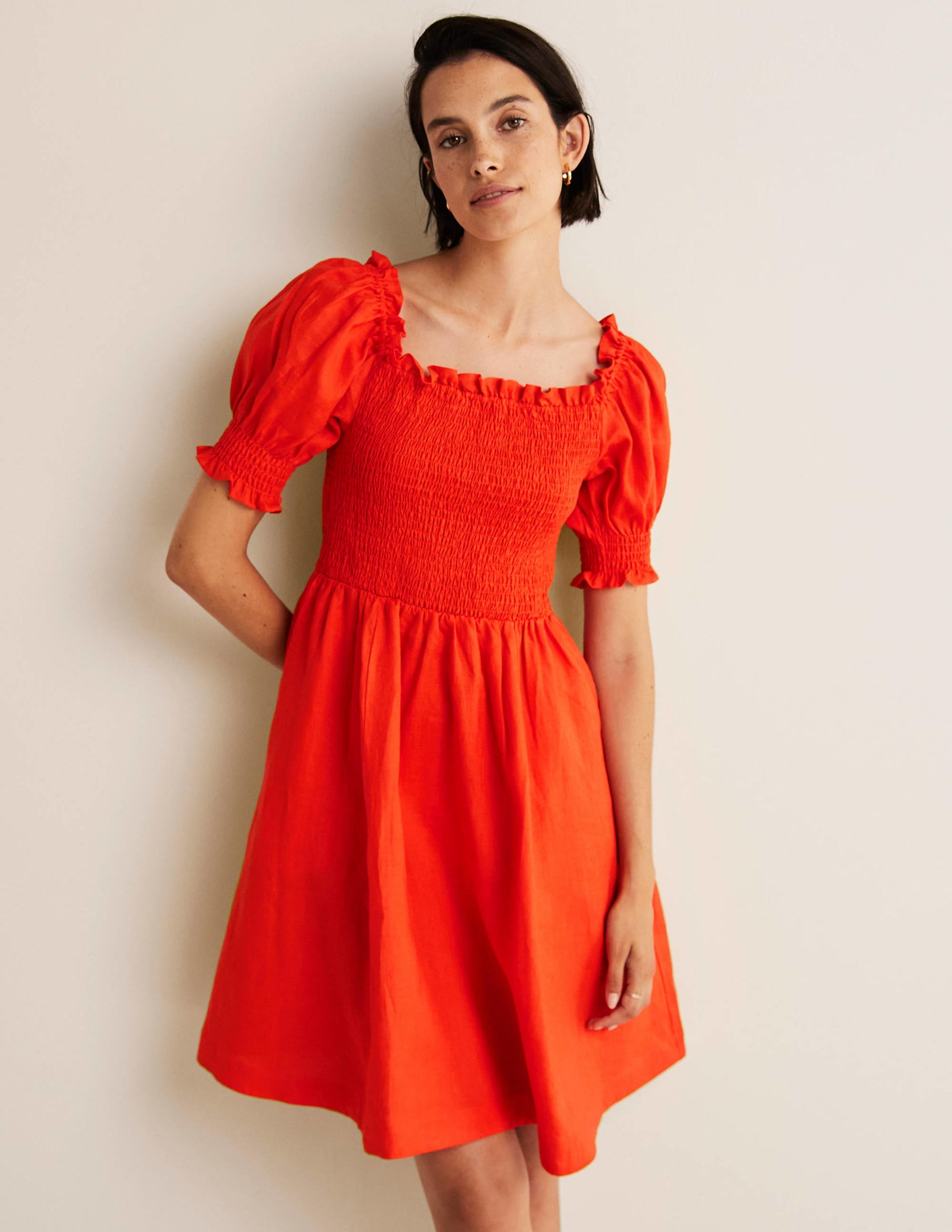 Smocked Bodice Mini Dress-Bright Papaya - Image 1