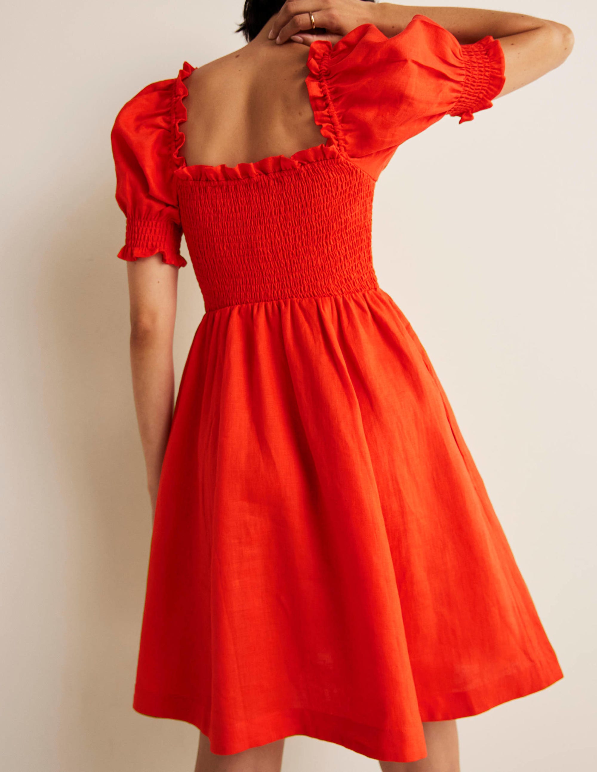 Smocked Bodice Mini Dress-Bright Papaya - Image 3