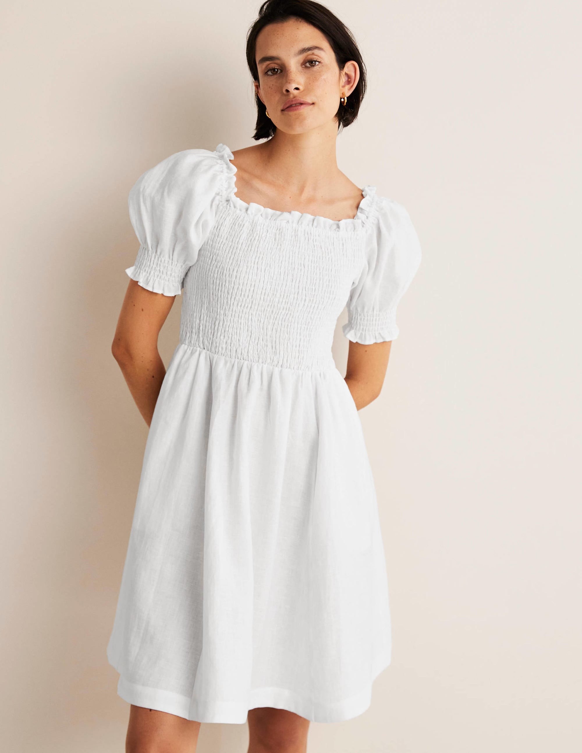Smocked Bodice Mini Dress-White - Image 5