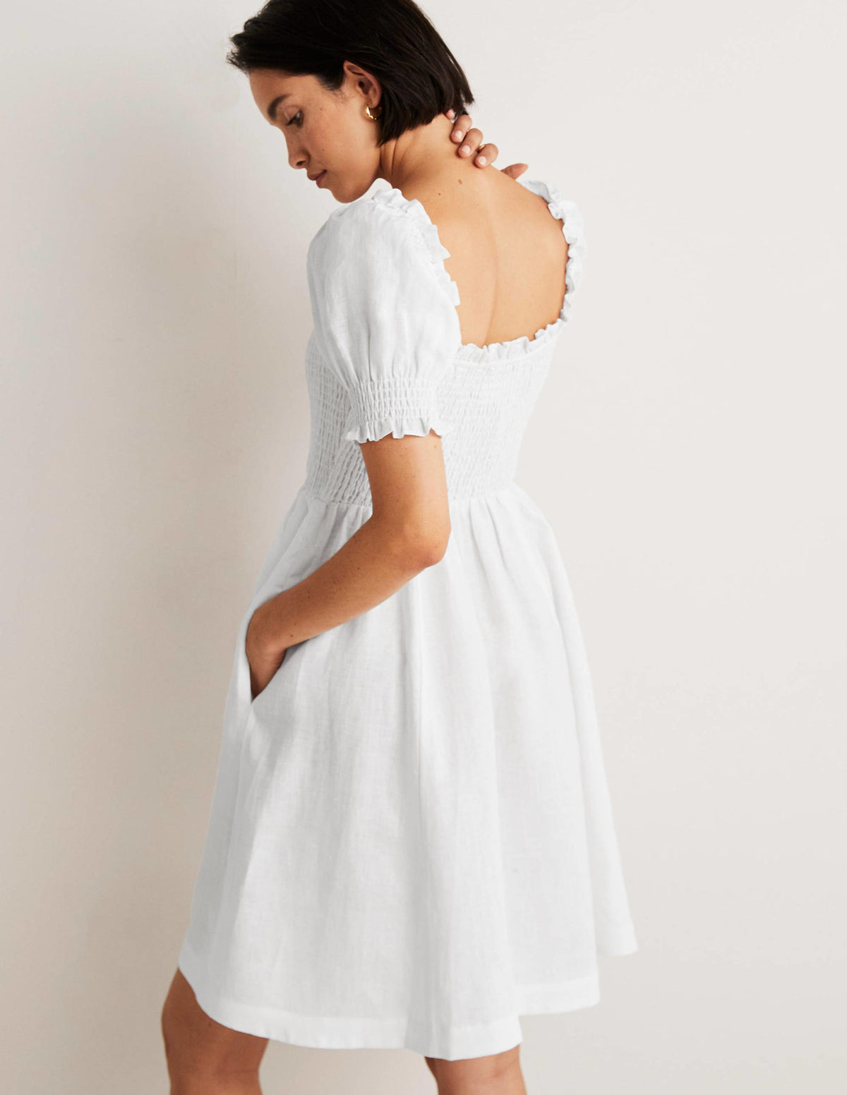 Smocked Bodice Mini Dress-White - Image 3
