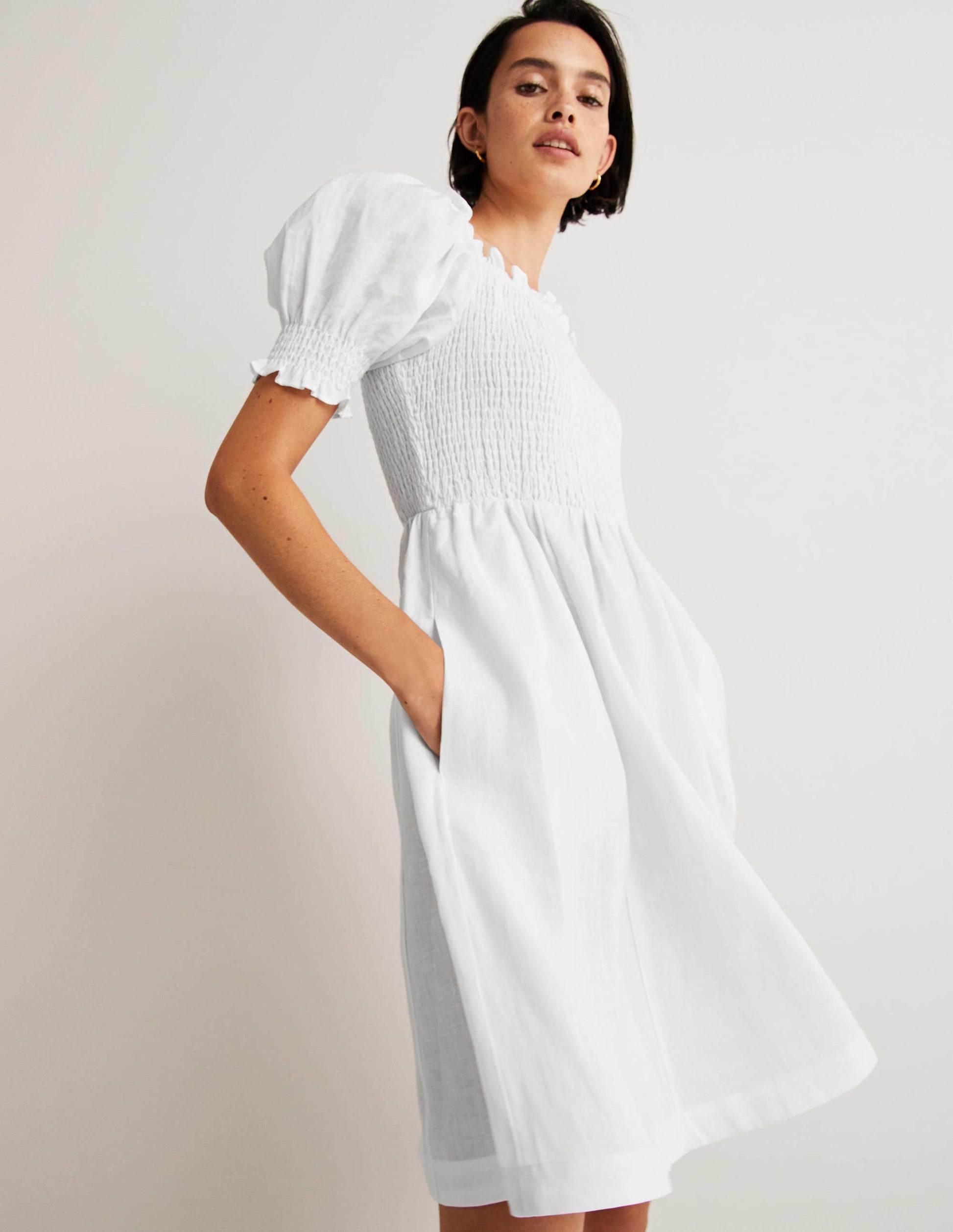 Smocked Bodice Mini Dress-White-4