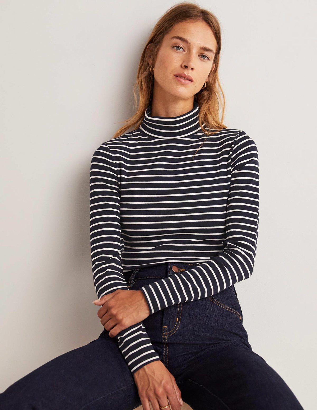 Essential Roll-neck Top-Navy / Ivory Stripe - Image 1