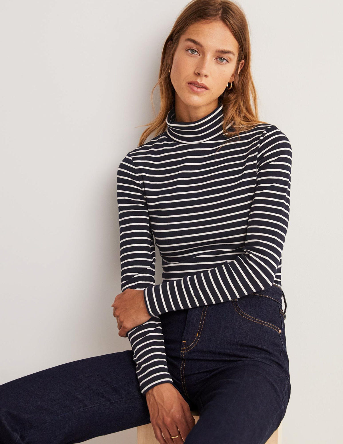 Essential Roll-neck Top-Navy / Ivory Stripe - Image 4