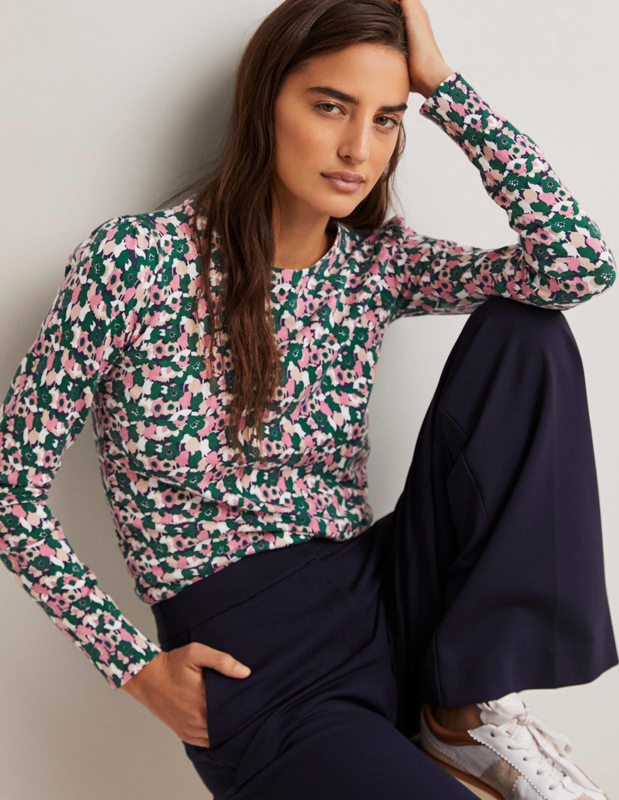 Cotton Crew Neck Jumper-Wild Rose, Tulip Cluster - Image 1