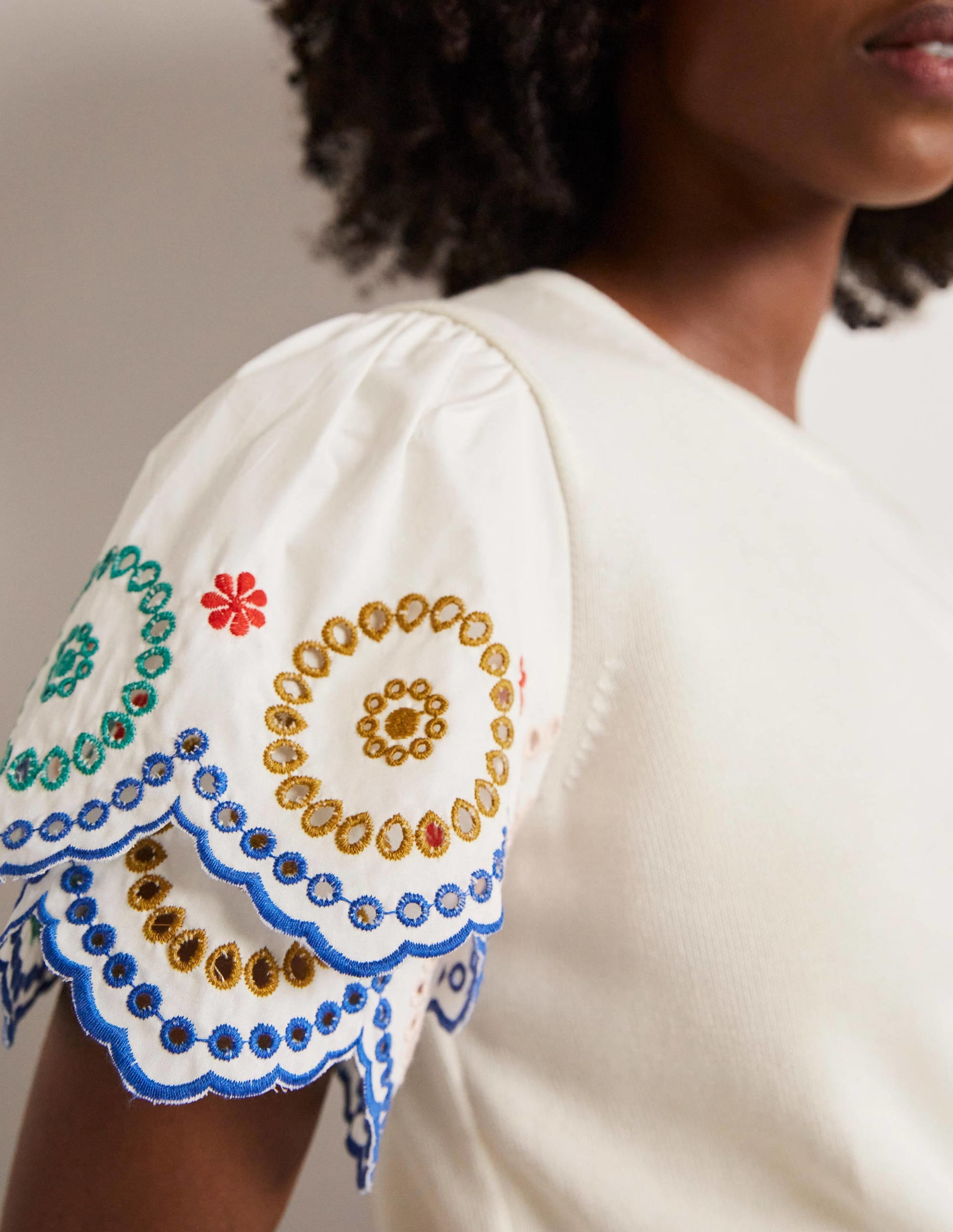 Knitted Sleeve Detail T-shirt-Ivory - Image 6