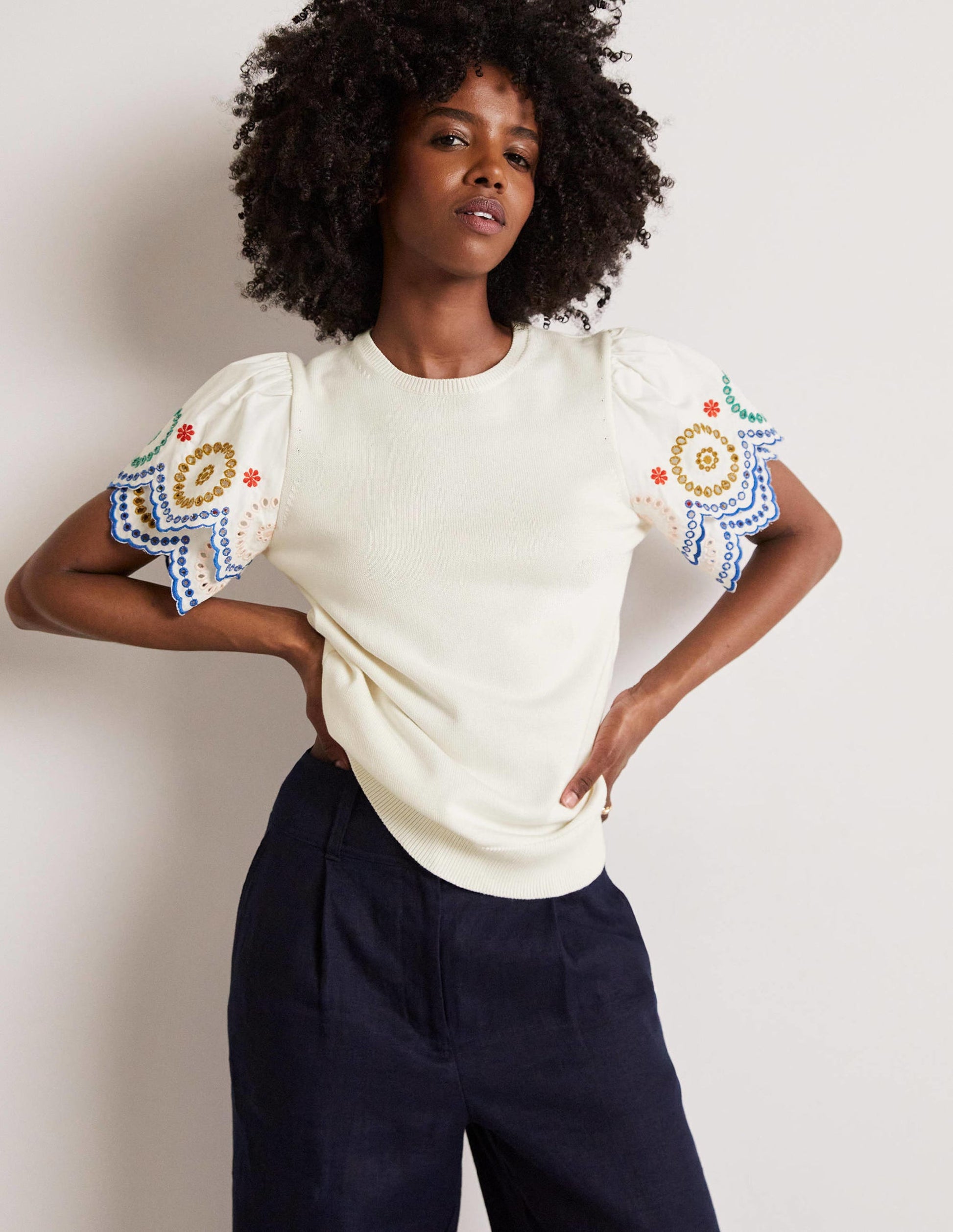 Knitted Sleeve Detail T-shirt-Ivory-5