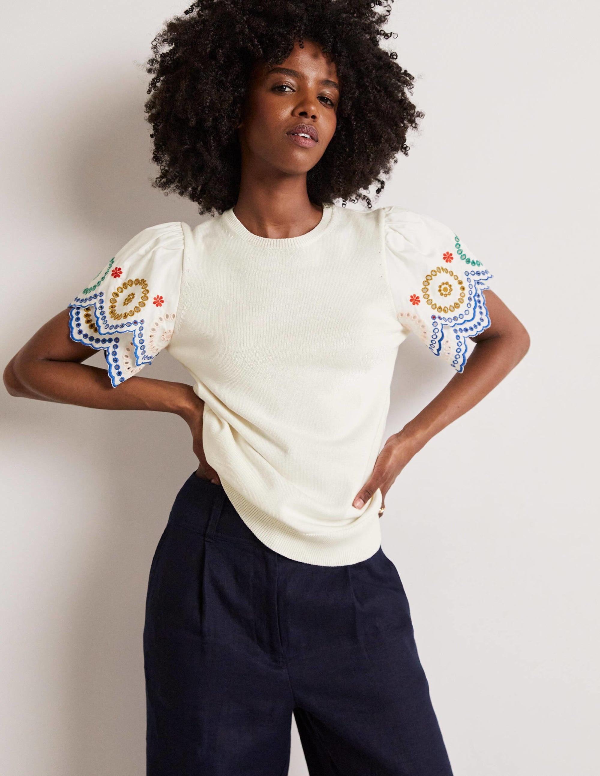Knitted Sleeve Detail T-shirt-Ivory - Image 5