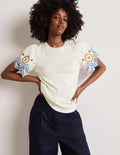 Knitted Sleeve Detail T-shirt-Ivory