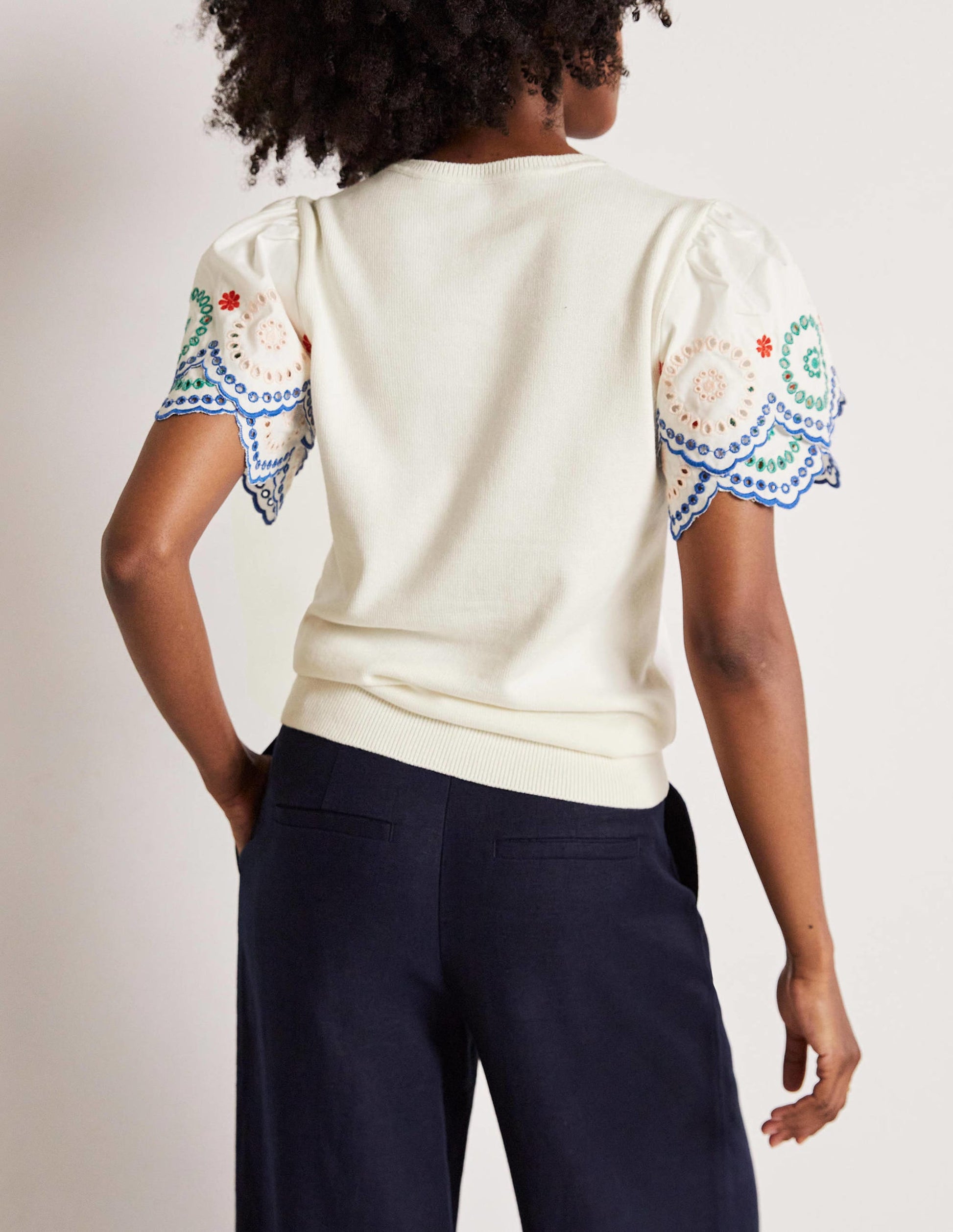 Knitted Sleeve Detail T-shirt-Ivory-3